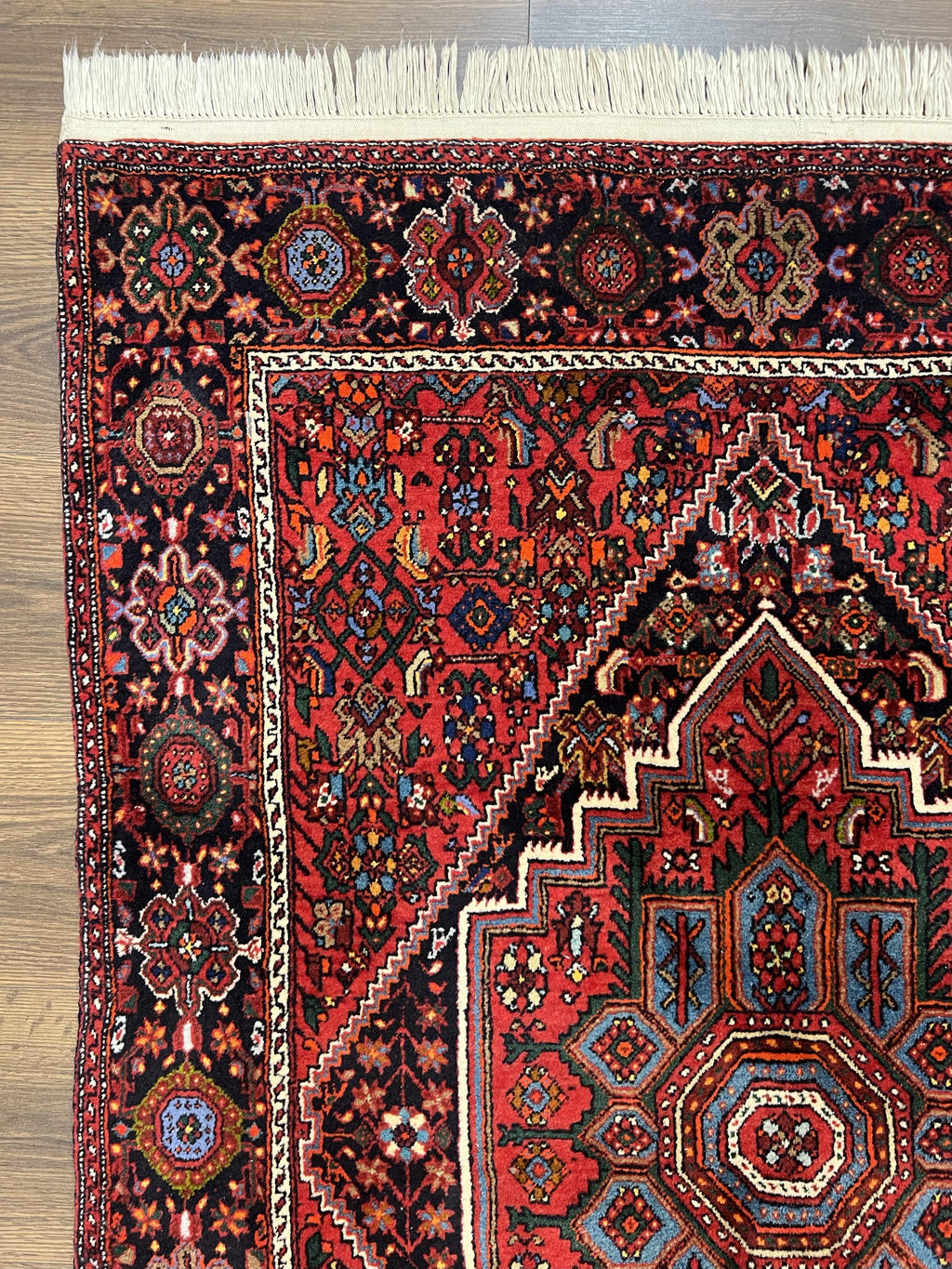 Fine Persian Bidjar Rug 3x5 ft, Ruby Red and Black, Geometric Medallion, Hand Knotted Semi Antique Oriental Bijar Carpet, Wool Area Rug, Tribal Rug