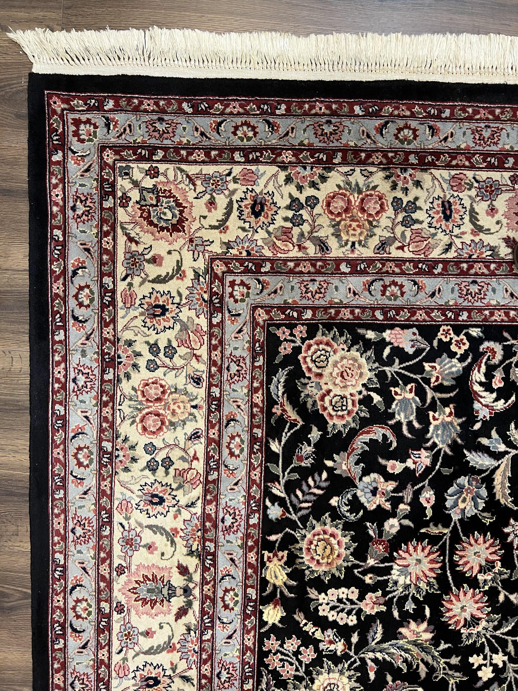 Pak Persian Rug 9x12, Floral Allover, Hand Knotted Oriental Carpet 9 x 12 ft, Black and Cream, Detailed, Wool with Silk Highlights, Vintage
