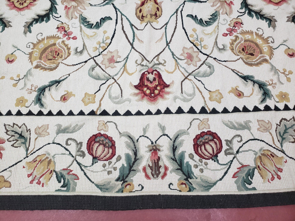 New Needlepoint Rug 9x12, Hand Woven Wool Area Rug, Flatweave Carpet, Handmade Chinese Needlepoint, Floral European Design, Ivory Background