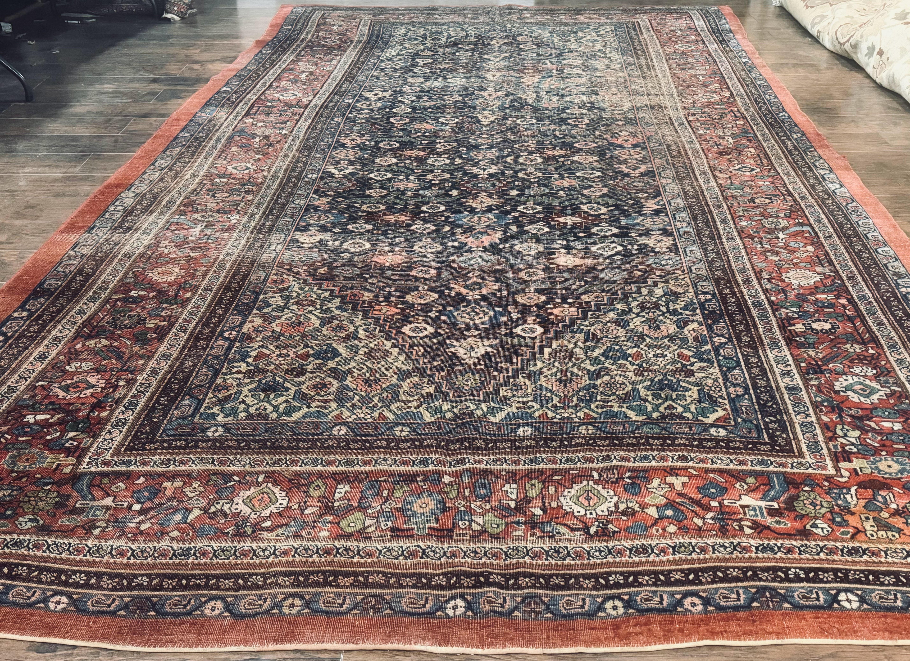 Antique Persian Bidjar Rug 8x15 – Navy Blue, Herati Pattern, Early 20th Century