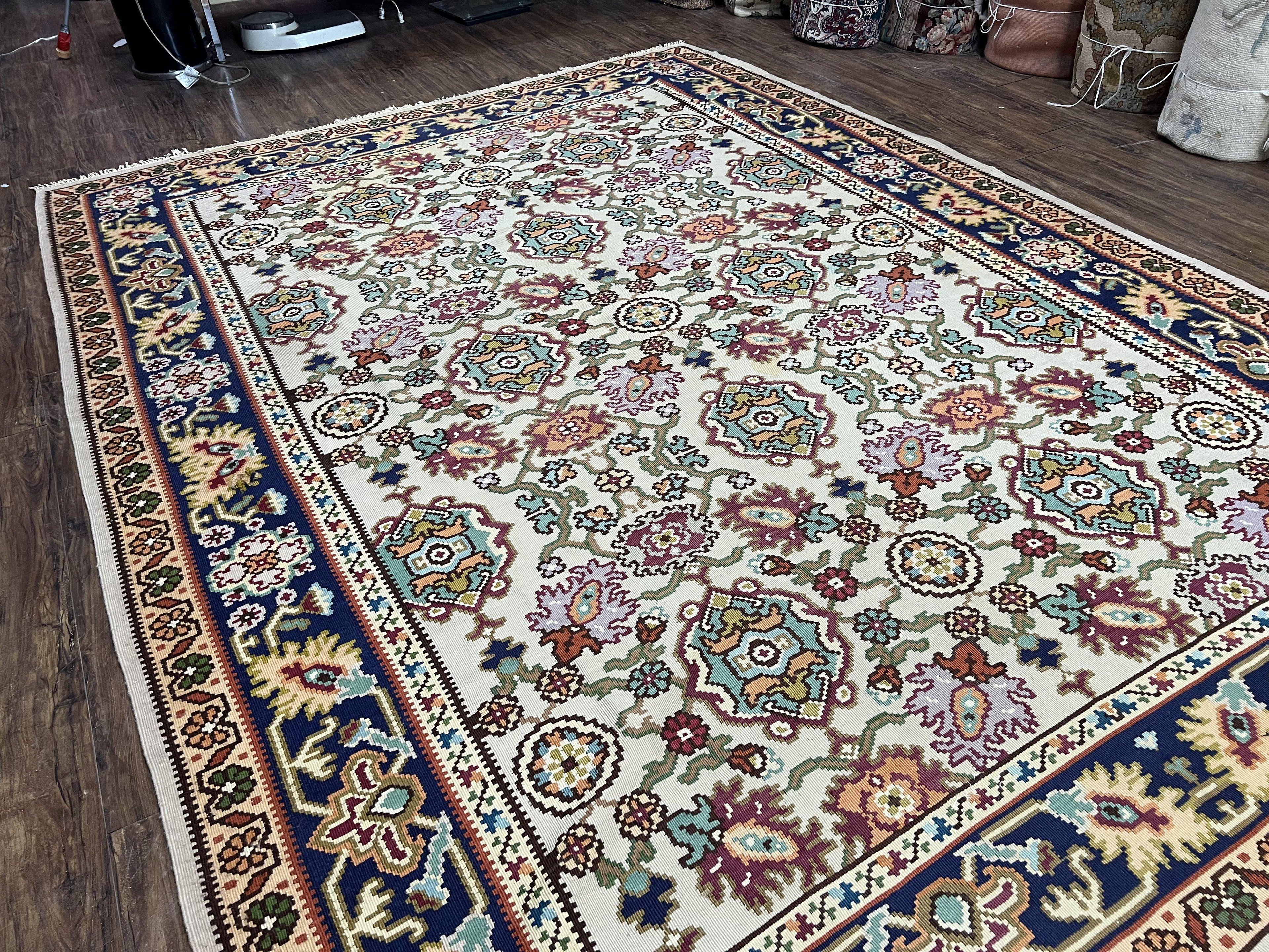 Antique Turkish Kilim Rug 7x10 Allover Pattern, Ivory Cream Maroon Light Blue, Wool Flatweave Hand Woven, Large Kilim, Vintage Kilim Carpet