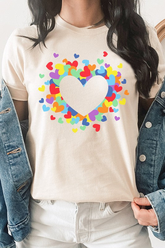 Flying Rainbow Hearts in Heart Cutout Graphic Tee T-Shirt