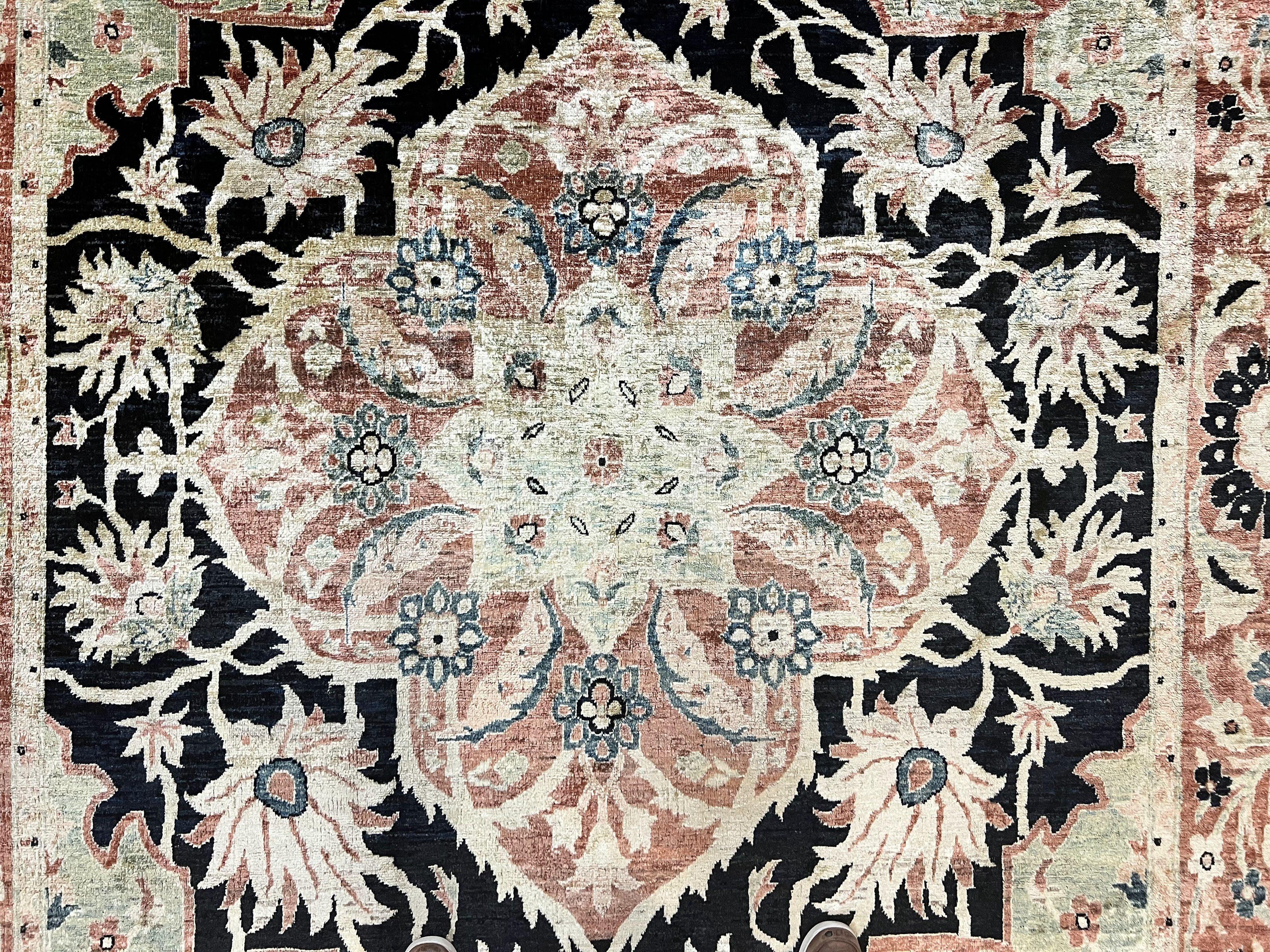 Pak Persian Rug 8x10, Pakistani Mahal Sultanabad Carpet, Signature from Master Weaver, Shiny Wool, Black Red Vintage Handmade Medallion Rug