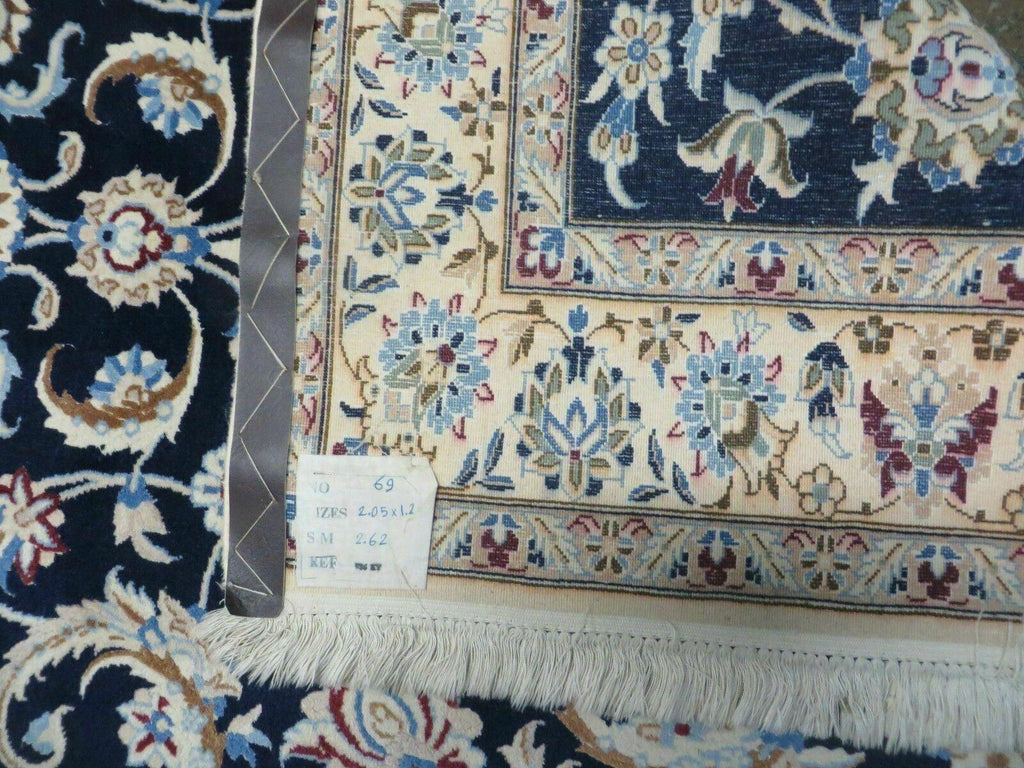 Persian Nain Rug 4x7, Navy Blue and Ivory, Handmade, Wool & Silk Highlights, Fine Oriental Rug, Vintage