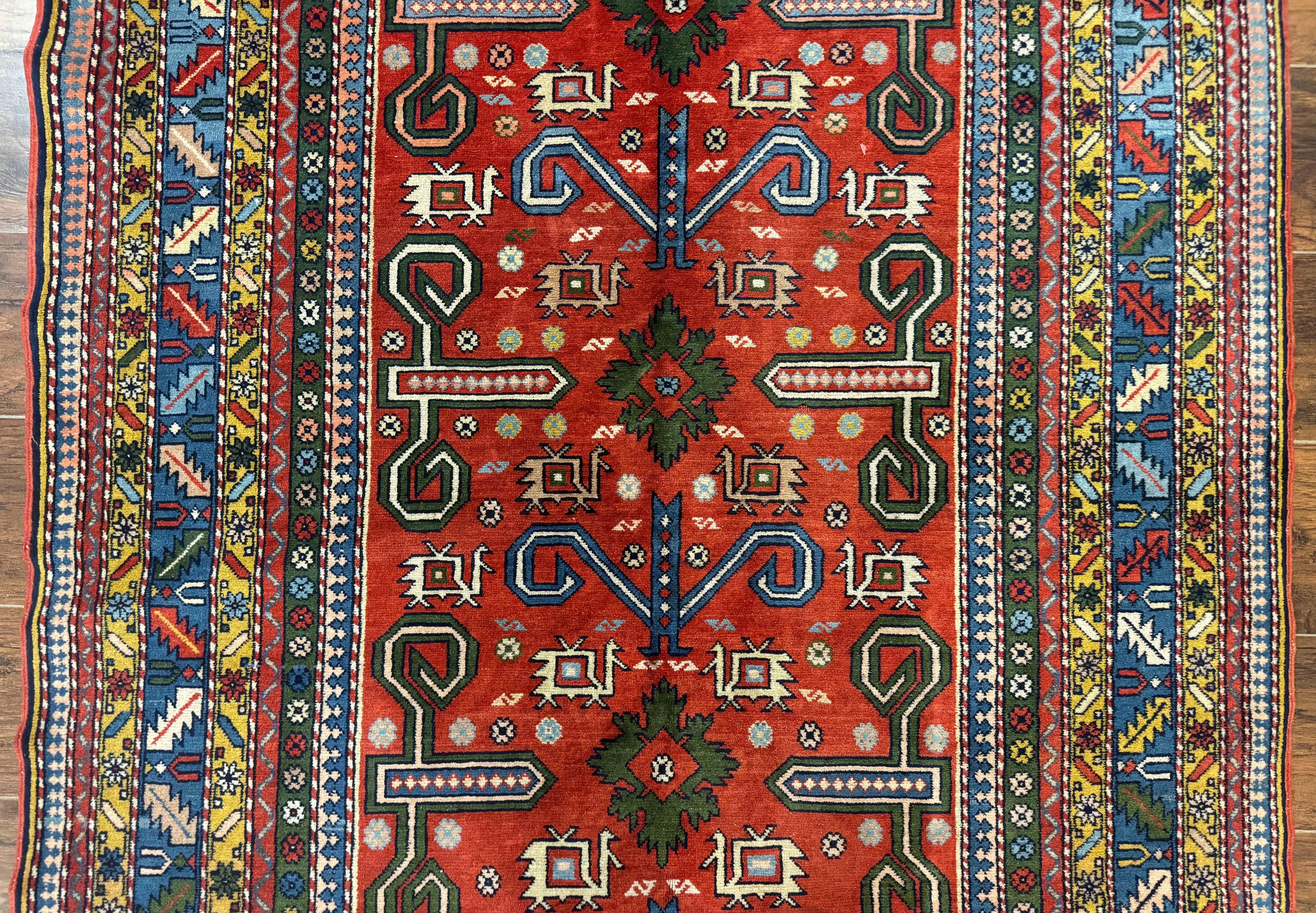 Colorful Persian Ardabil Rug 4x7, Red Blue Gold, Geometric Caucasian Design, Vintage