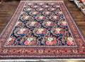Persian Bidjar Rug 8x11, Floral Bouquets, Blue Black Red Pink, Handmade Hand Knotted Vintage Semi Antique Oriental Carpet