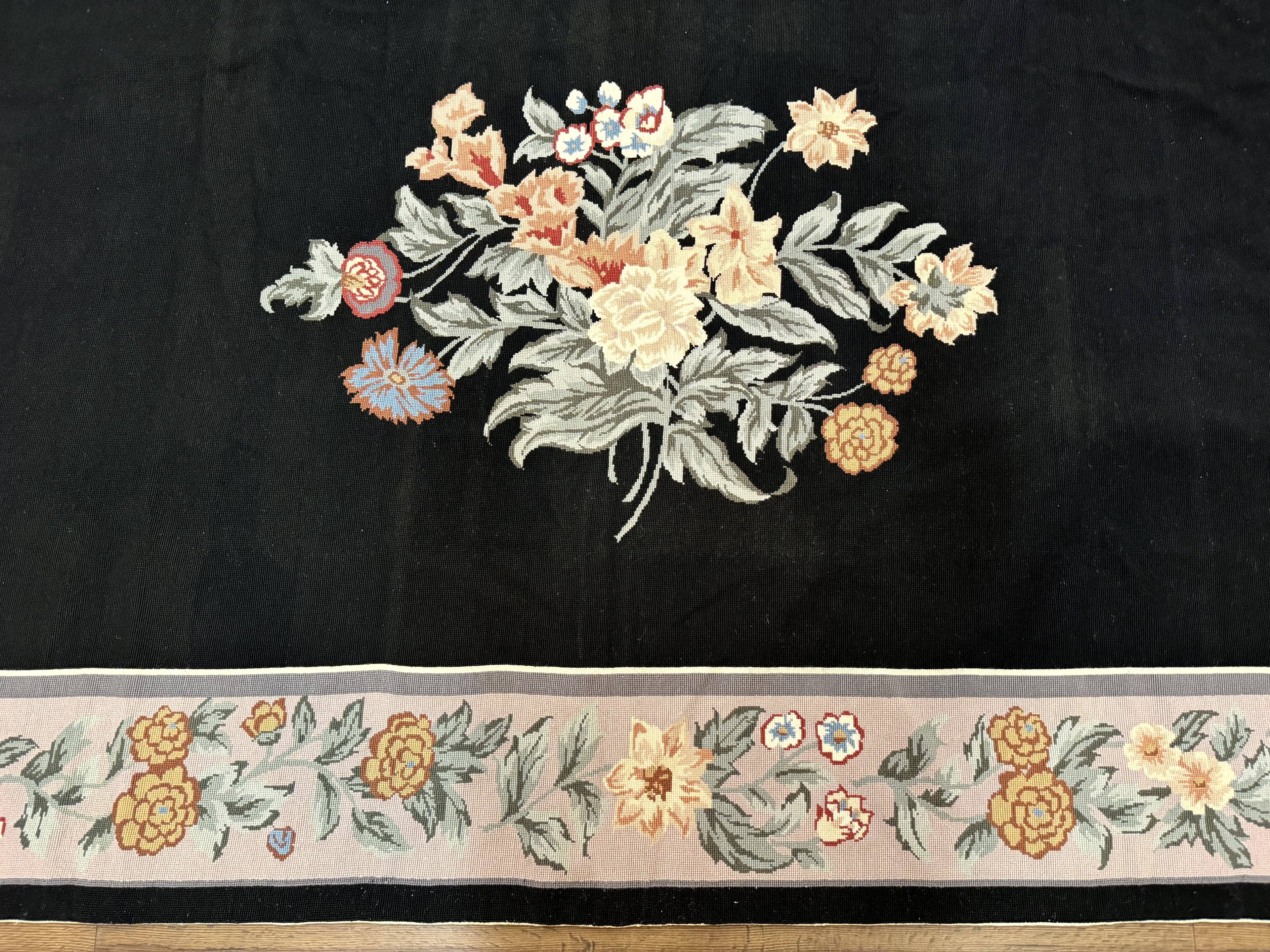 Black Needlepoint Rug 8x11 with Multicolor Flowers, Vintage Carpet