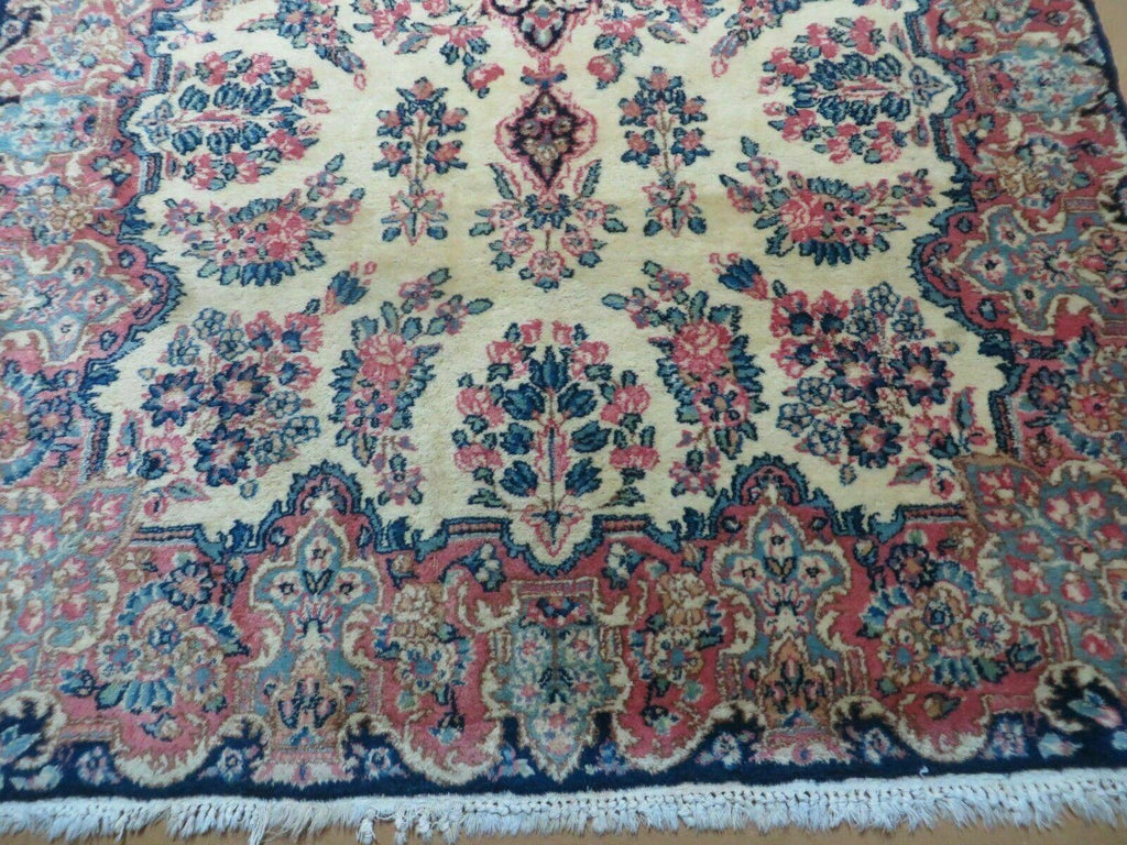 Antique Persian Kirman Rug 3.9 x 6.6, Floral Oriental Carpet, Ivory/Cream - Blue - Pink, Hand Knotted Wool Rug, Floral Medallion Rug 4x6