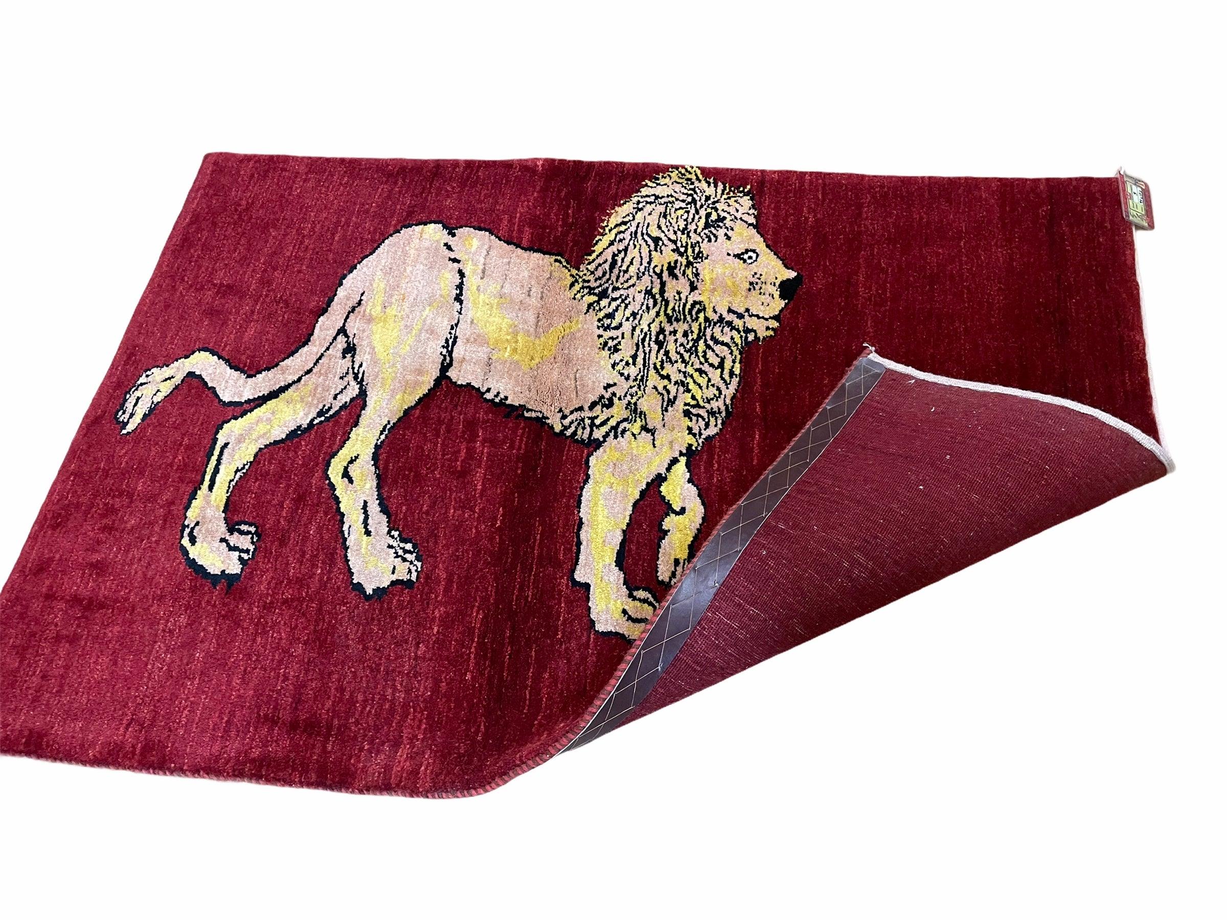 3 X 5 Handmade New Vintage Rug Quality Wool Lion Red Veggy Dyes Hand-Knotted