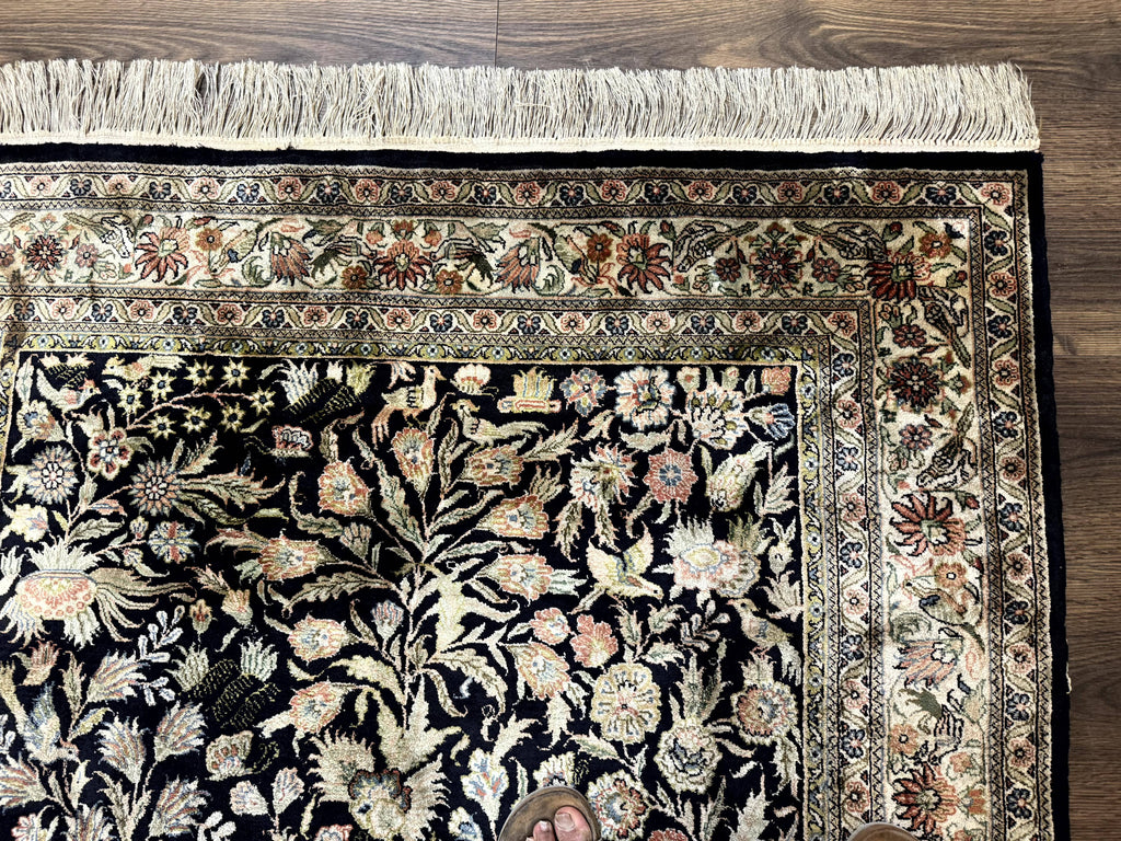 Silk Rug 4x6, Black and Cream, Floral & Bird Pictorials, Fine 330 KPSI, Sino Persian Rug