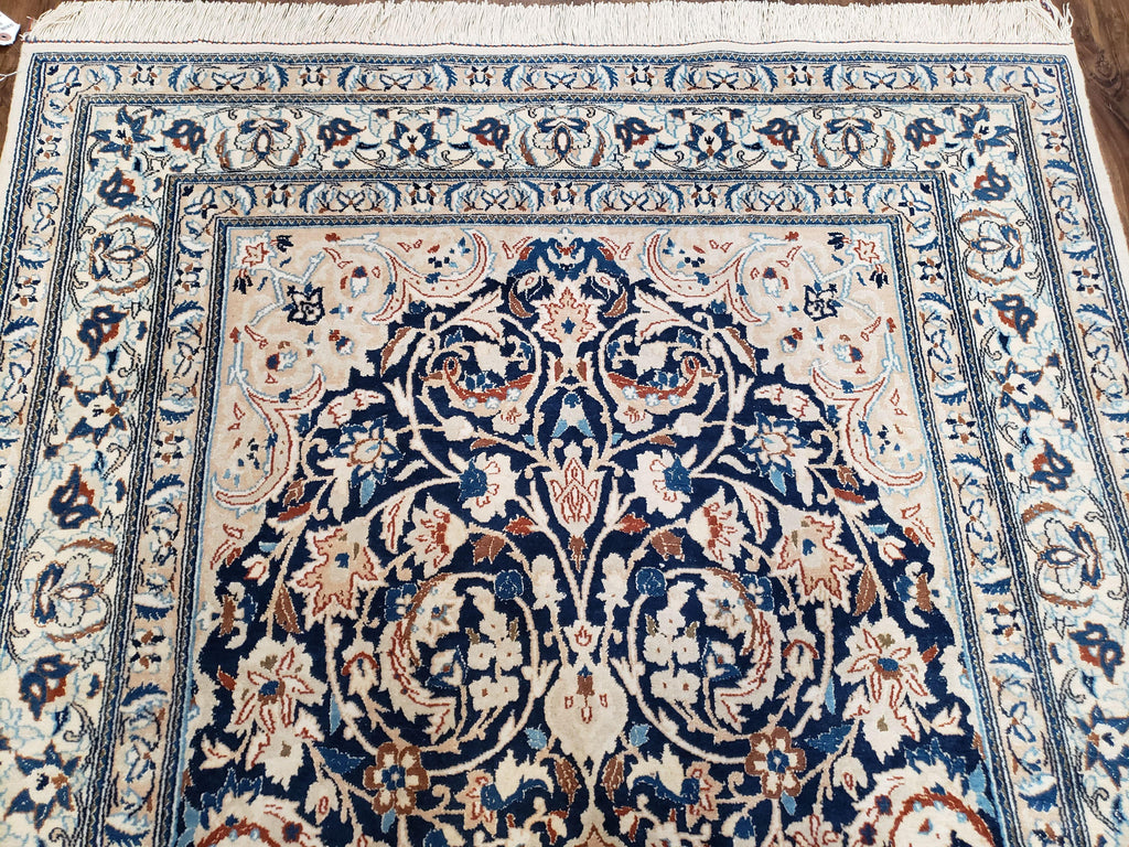 Persian Nain Rug 4x6, Ivory and Blue, Hand-Knotted, Wool & Silk