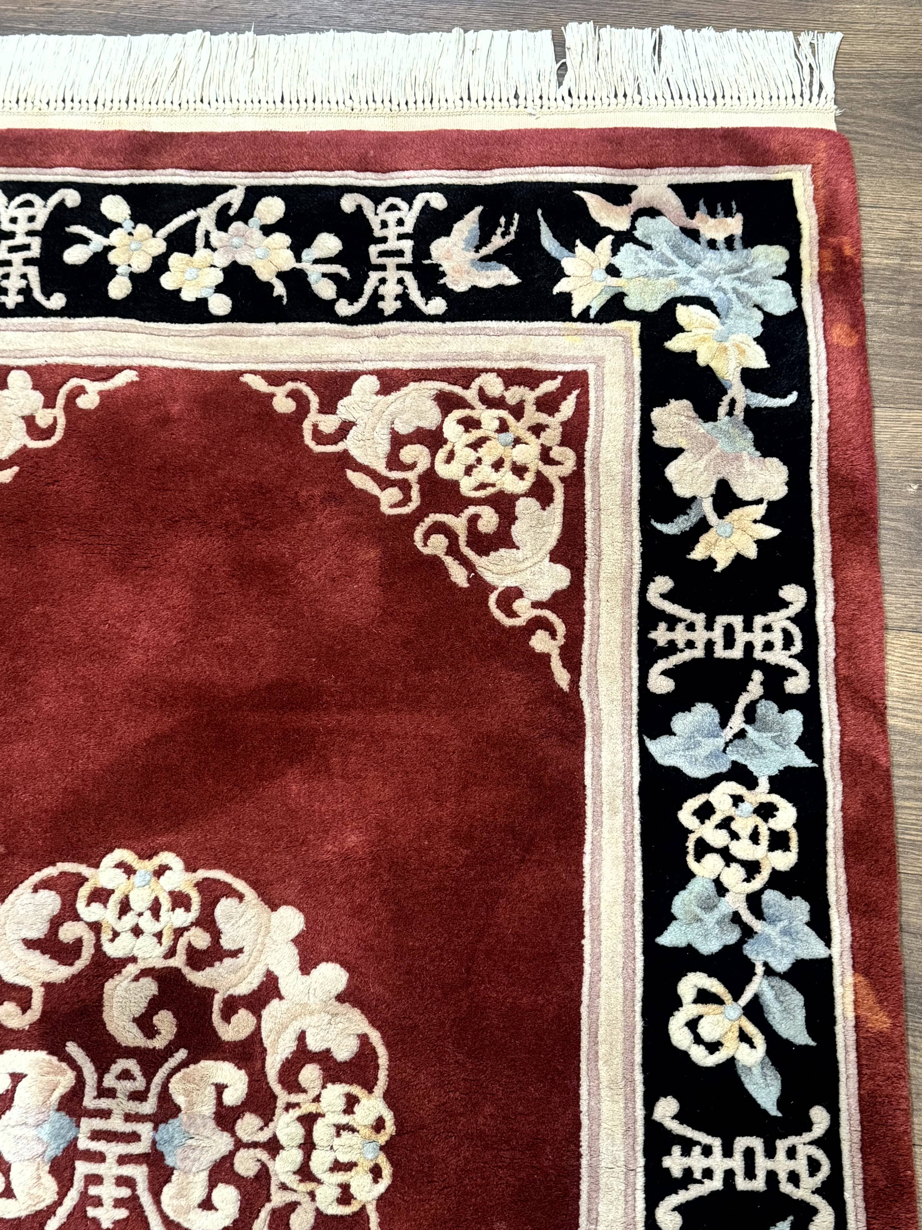 Dark Red Chinese Wool Rug 4x6, Chinese 90 Line Rug, Carving Rug, Handmade, Pair B