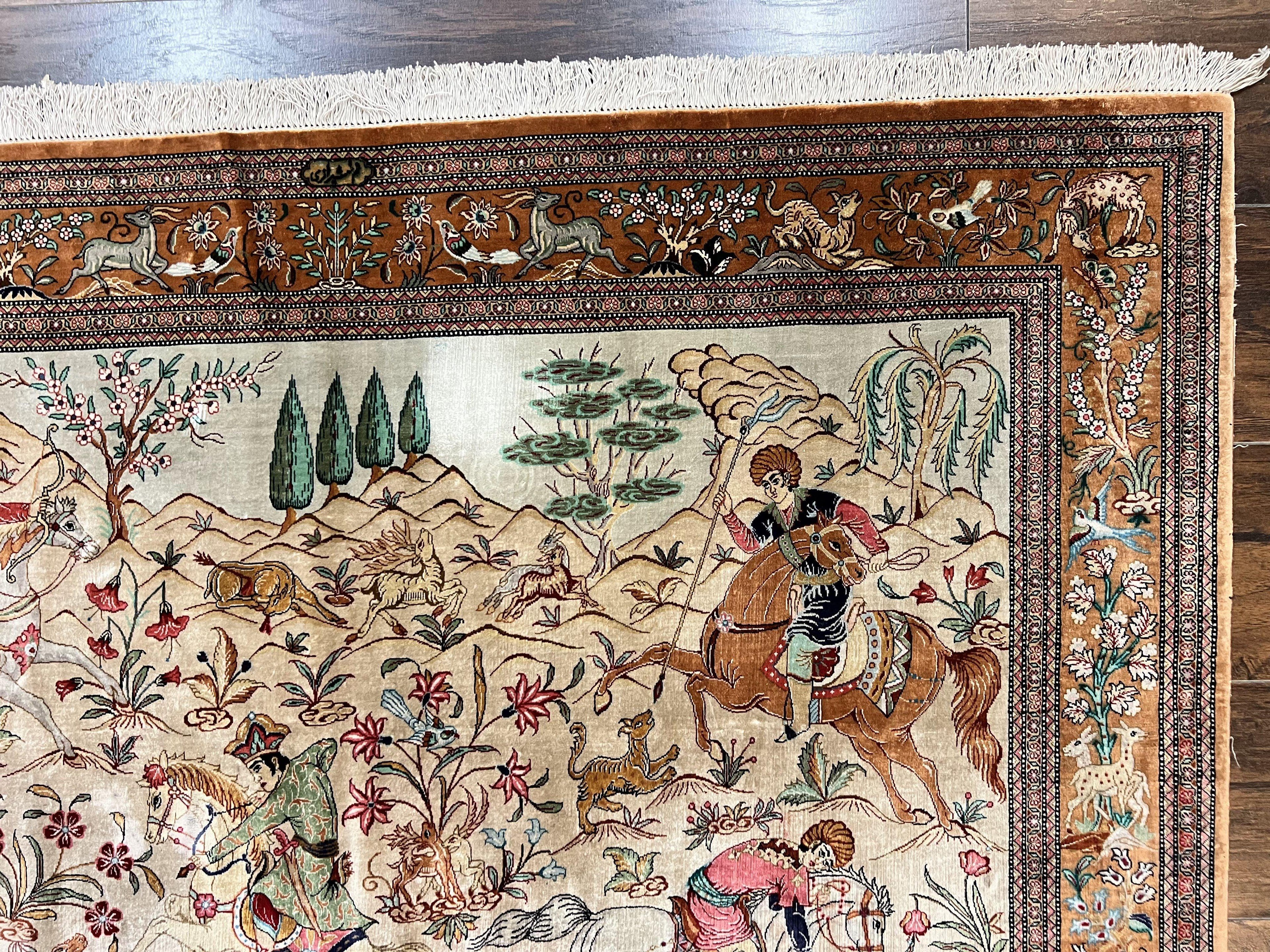 Silk Persian Qum Rug 3x5, Hunting Pattern, Handmade Vintage Carpet, Signed by Master Weaver, Horsemen Pictorials, Super Fine 650 KPSI