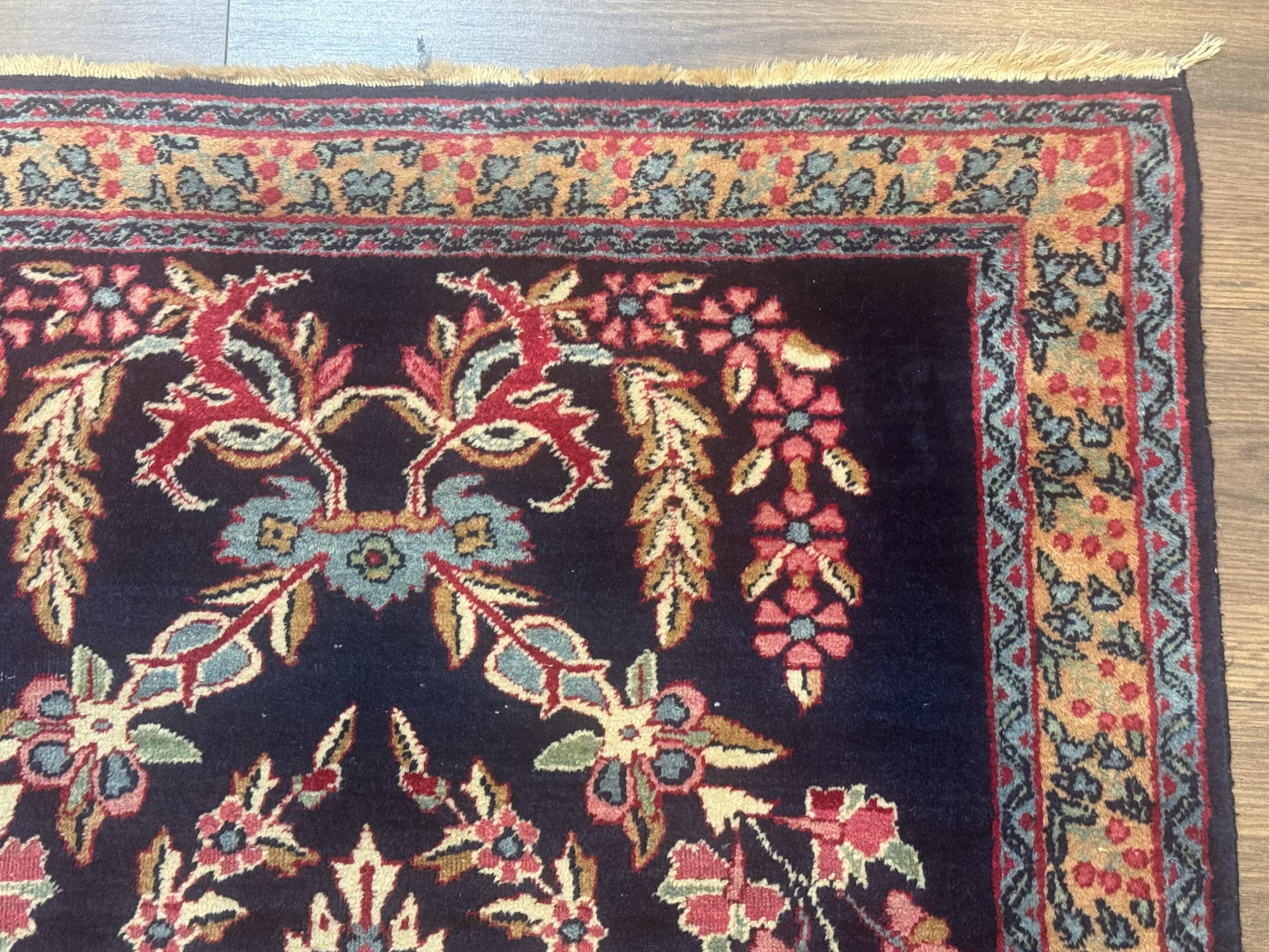 Antique Persian Kerman Rug 2.8 x 4, Navy Blue, Floral