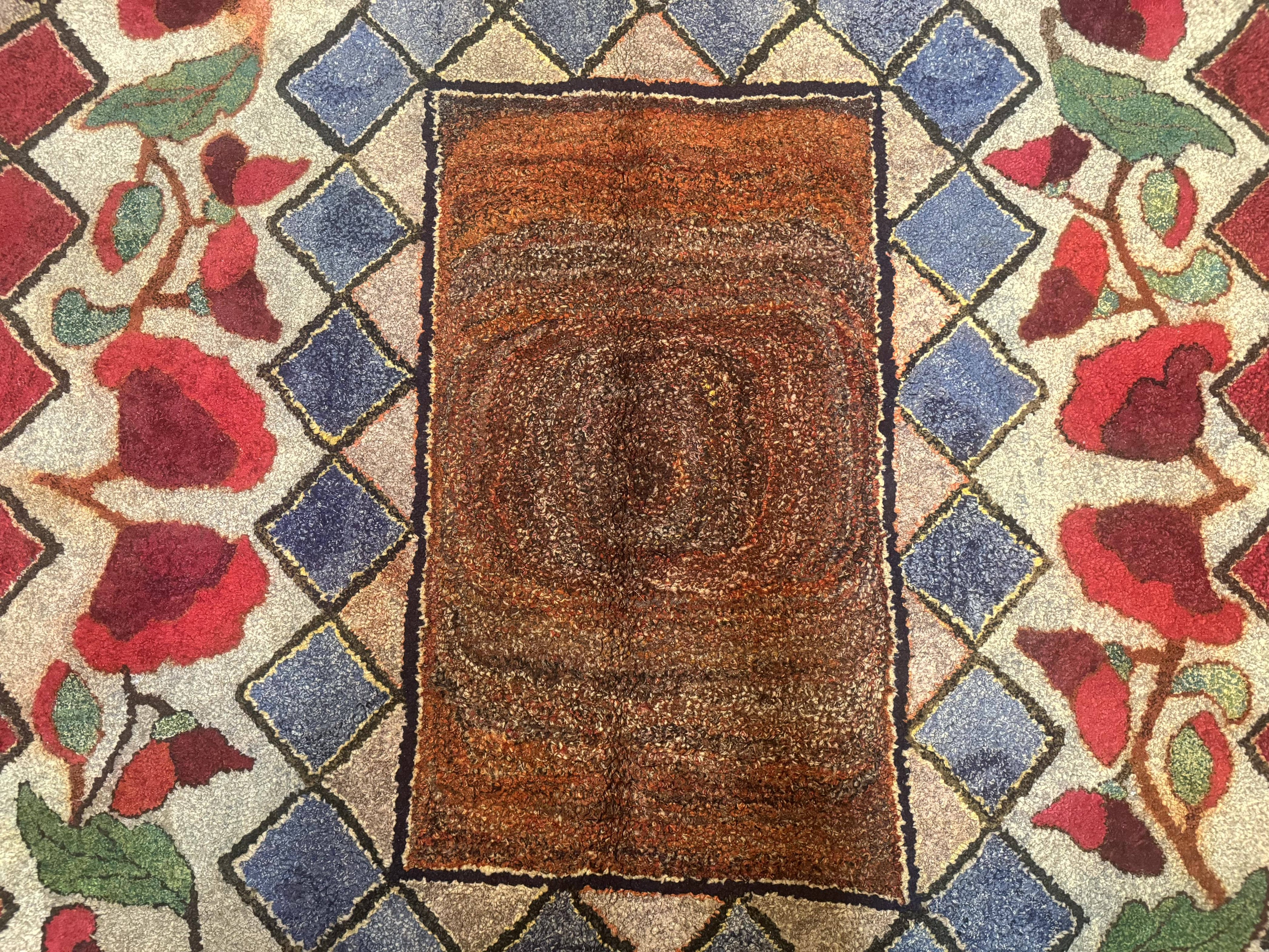 Vintage American Hooked Rug 6x7, Unique Colors, Red Lavender Cream, Abstract