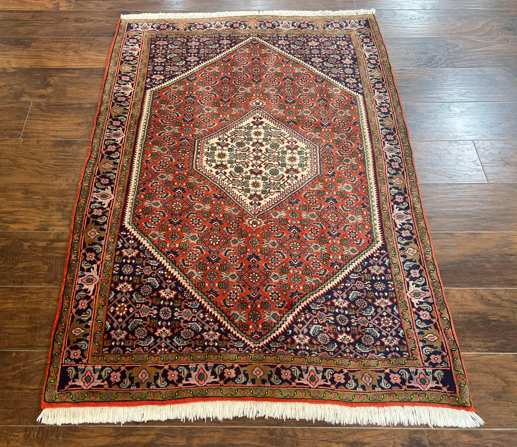 Persian Bidjar Rug 4x5, Finely Hand Knotted Vintage Carpet, Red and Navy Blue, Handmade Wool Rug, 180 KPSI