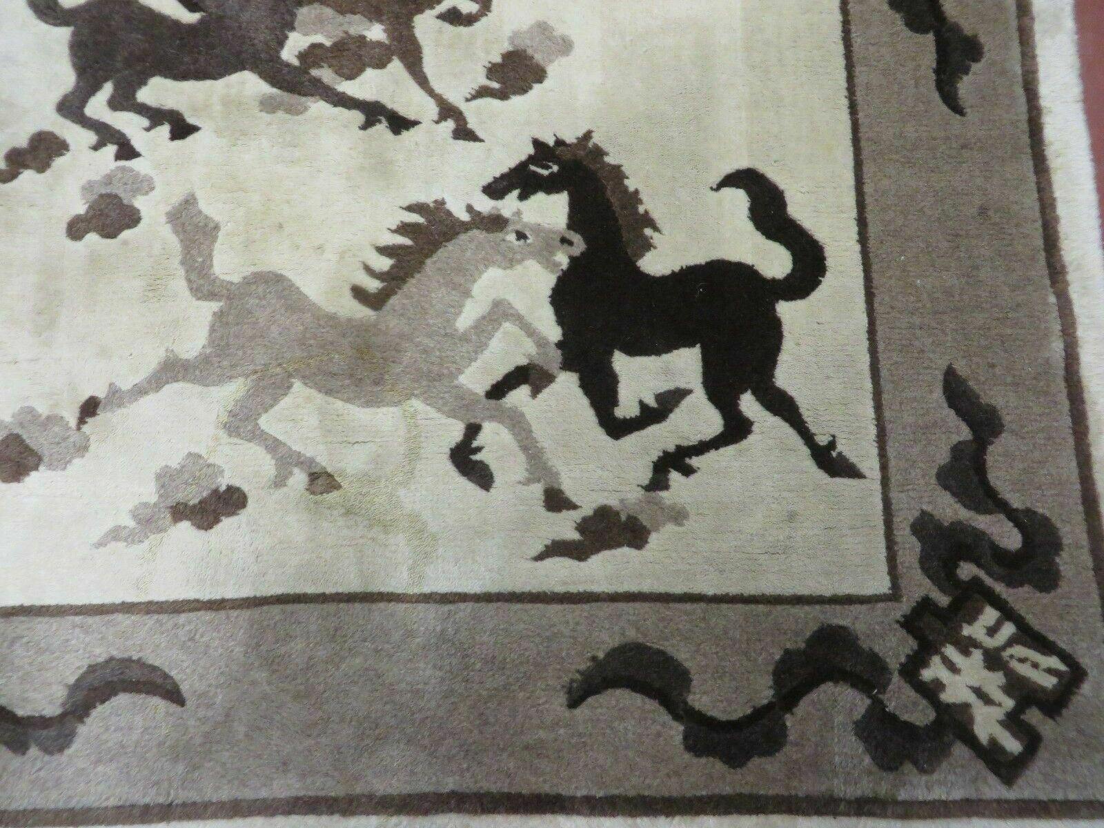 4' X 6' Modern Tibetan Nepal Art Deco Chinese Hand Knotted Wool Rug Horses Nice