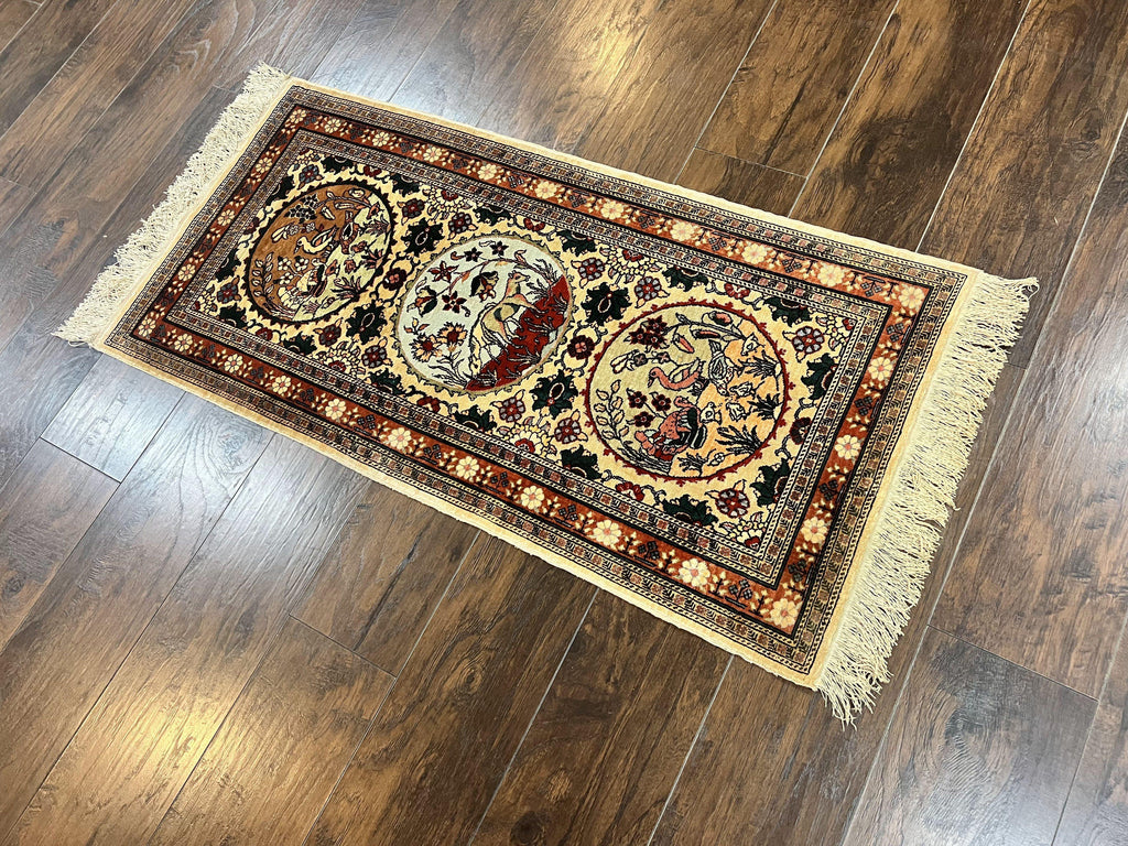 Silk Turkish Rug 2x4, Fine Handmade Oriental Rug, Animal Pictorial Birds Silk Pile on Silk Foundation Vintage Hand Knotted Hereke Carpet