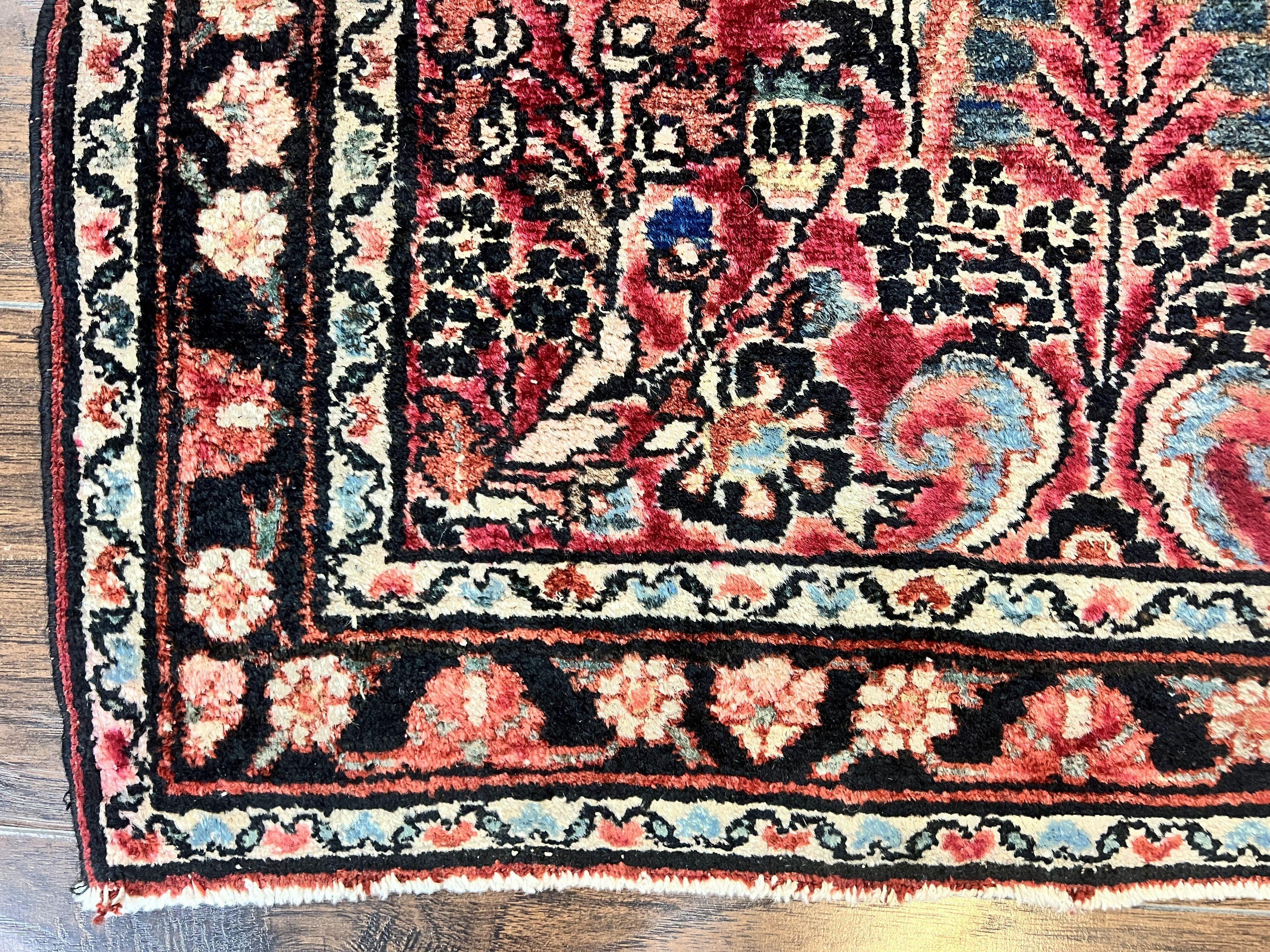 Small Antique Persian Rug 2.6 x 4, Red Floral Handmade 1920s Wool Rug, Persian Hamadan Lilian Rug