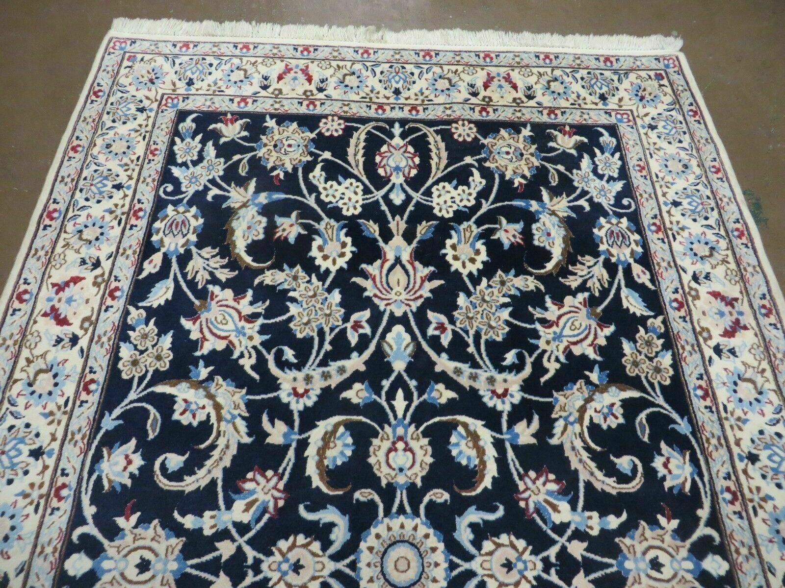 Persian Nain Rug 4x7, Navy Blue and Ivory, Handmade, Wool & Silk Highlights, Fine Oriental Rug, Vintage