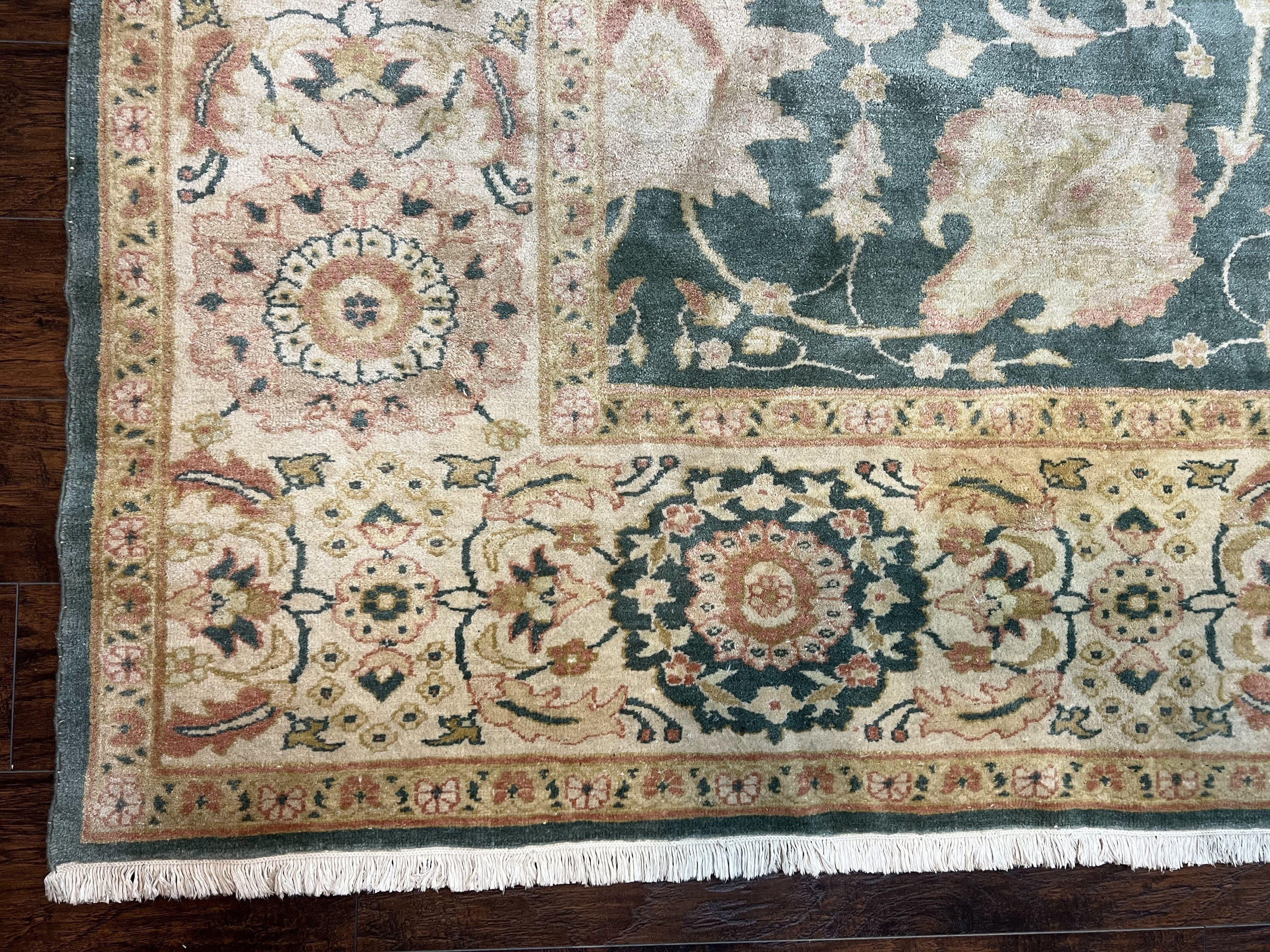 Egyptian Mahal Rug 10x14, Large Vintage Floral Hand Knotted Wool Carpet 10 x 14, Dark Green and Beige Traditional Handmade Persian Area Rug