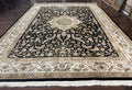Sino Persian Rug 9x12, Floral Medallion, Black and Ivory, Elegant