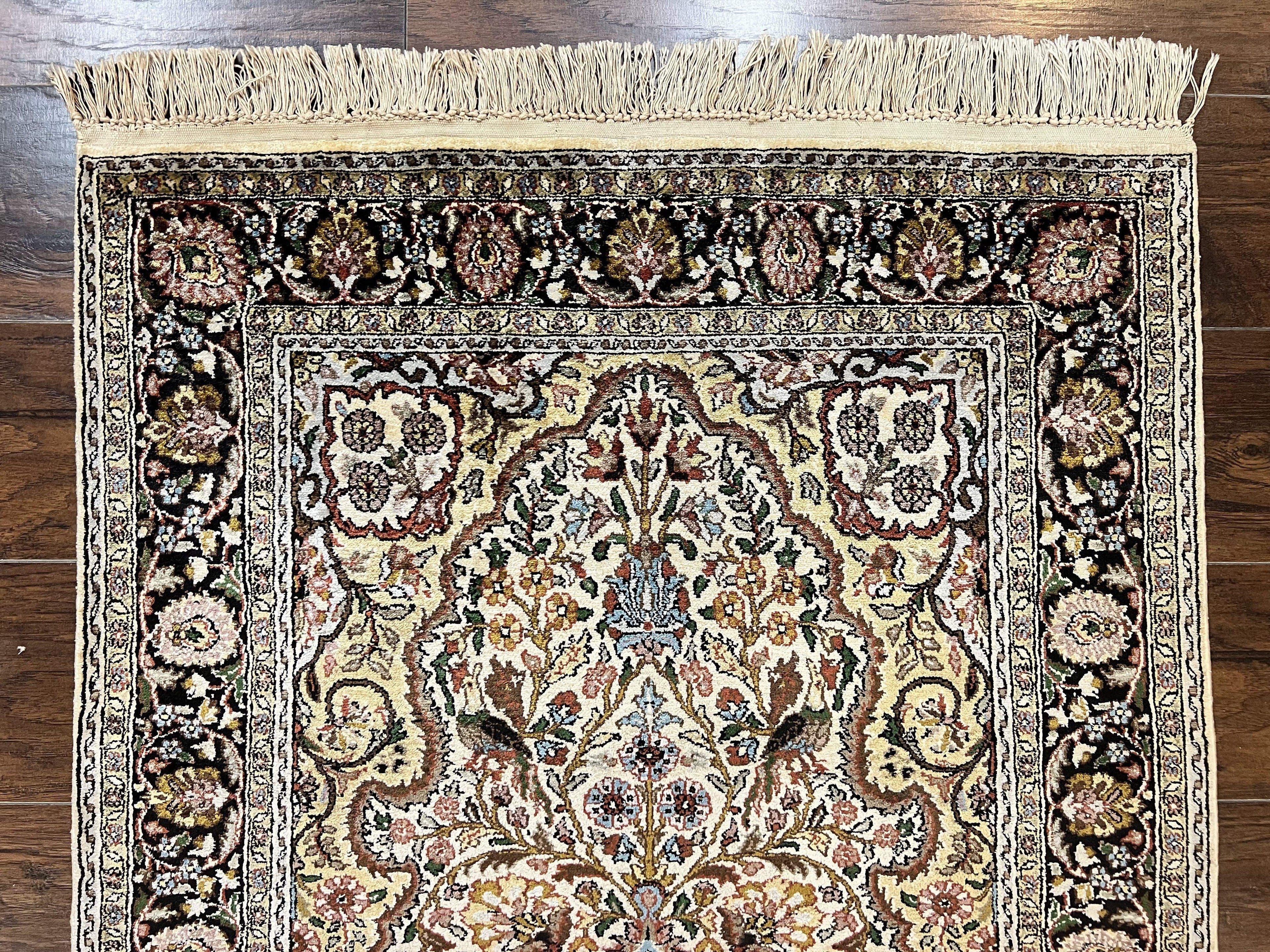 Turkish Kayseri Silk Rug 3x5, Tree of Life Silk Oriental Carpet, Birds Persian Vase Design, Hand Knotted Vintage Fine Rug, 340 KPSI