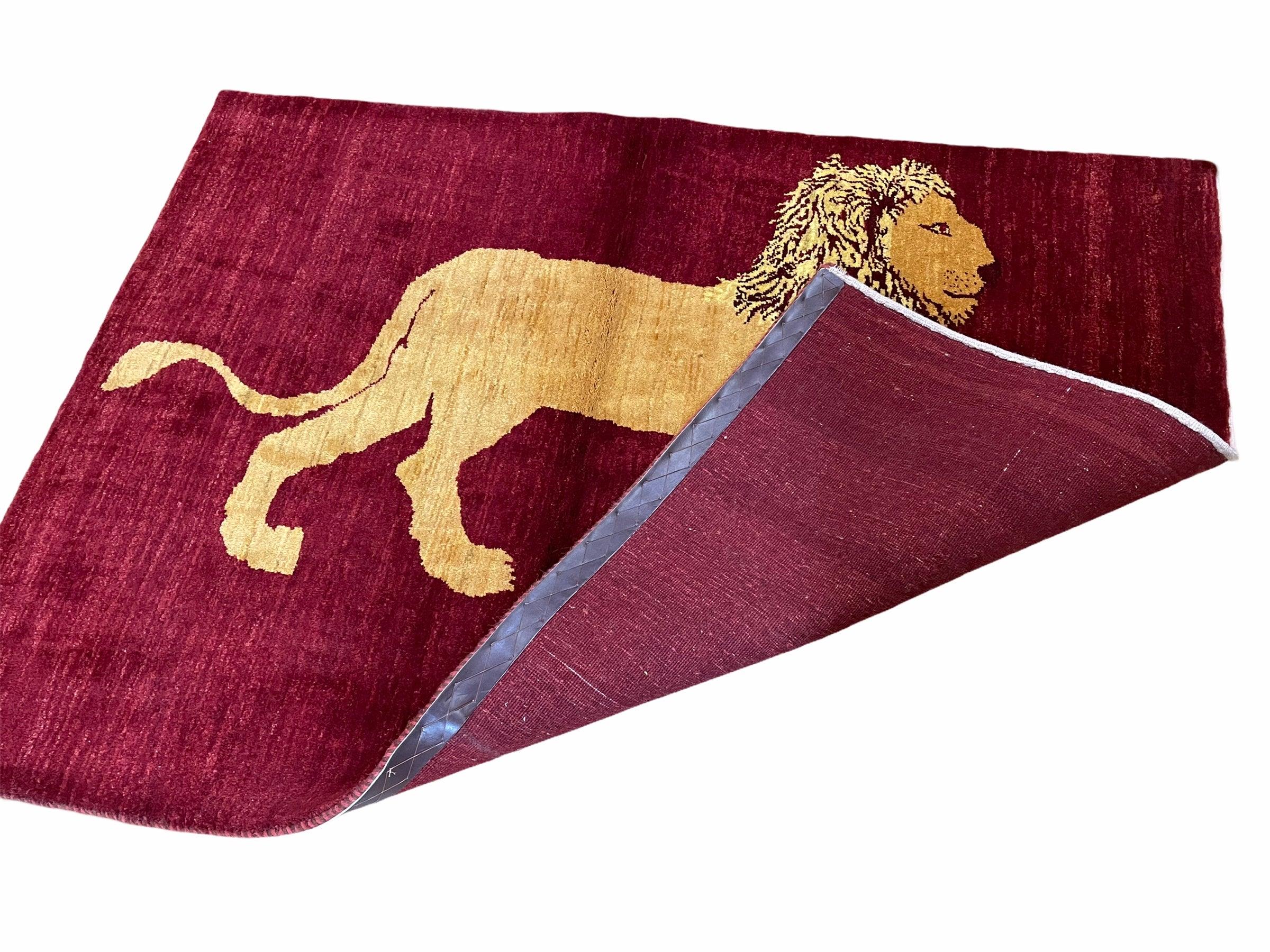 3.5 X 5 Handmade Rug Vintage New Rug Quality Wool Lion Red Veggy Dyes Pictorial