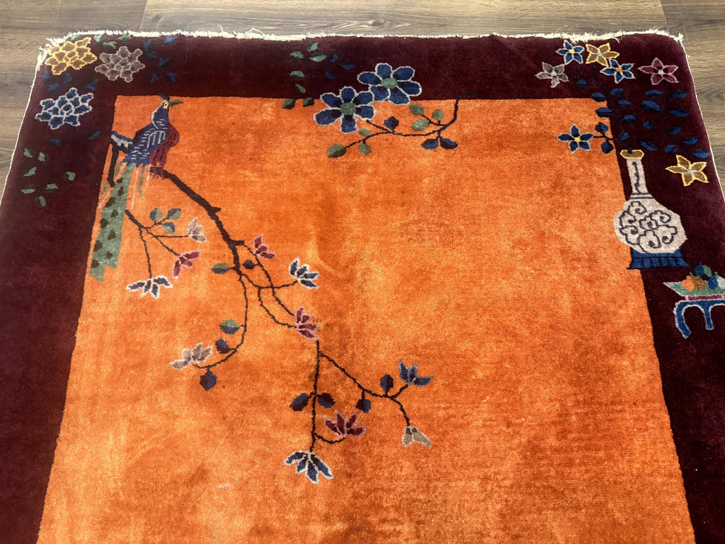 Chinese Art Deco Rug 5x8, Antique Chinese Wool Rug, Nichols Rug, Rare Chinese Carpet, Orange and Purple-Maroon