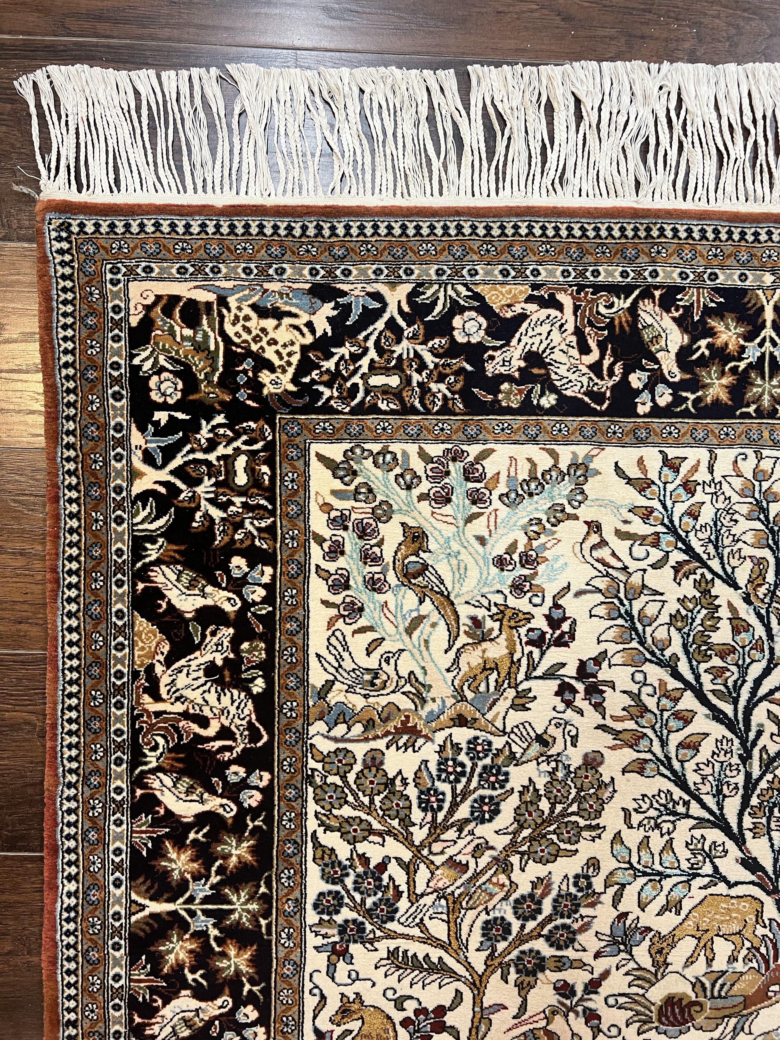 Persian Qum Tree of Life Rug 5x7, Wool and Silk Highlights, Animal Motifs, Vintage Hand Knotted Handmade Cream & Black Fine Oriental Carpet