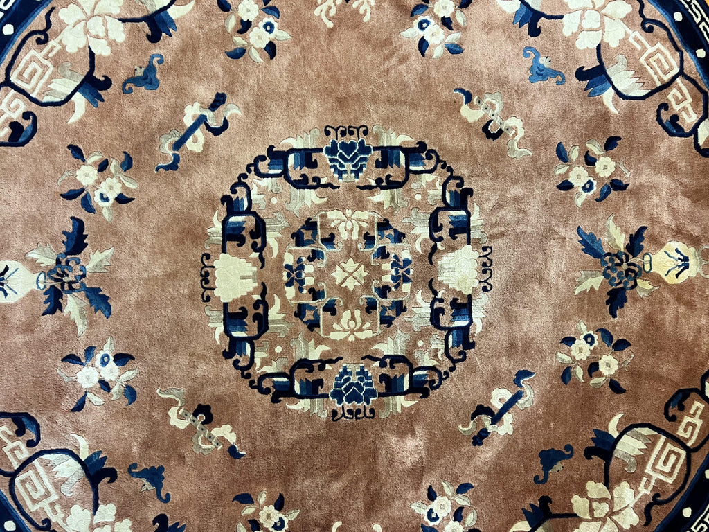 Antique Round Chinese Wool Rug 8x8, Chinese Peking Carpet, Asian Oriental Carpet 8 x 8 ft, Chinese Art Deco Rug, Nichols Rug