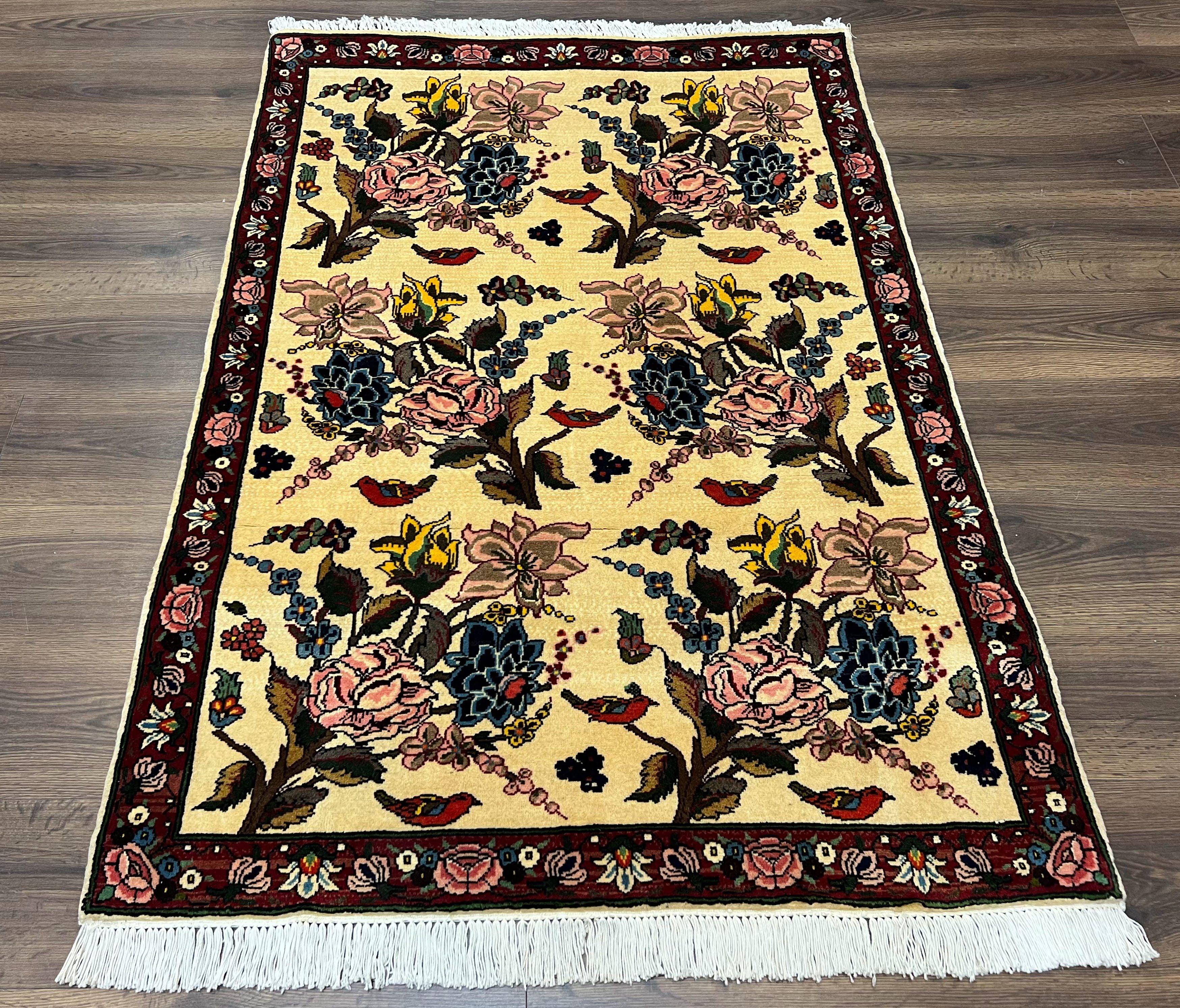 Persian Bidjar Rug 3.6 x 5 ft, Repeated Floral Motifs, Roses and Birds, Cream Burgundy, Fine Wool Oriental Bijar Carpet, Vintage Traditional Area Rug