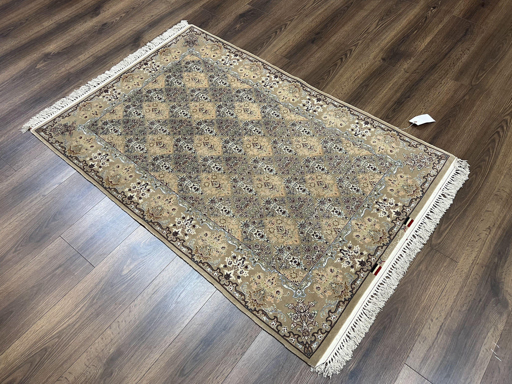 Super Fine Persian Isfahan Rug 3x5 ft, Kork Wool on Silk Foundation, Repeated Floral Motif, Taupe Tan Hand Knotted Oriental Carpet 3 x 5 ft, Signed