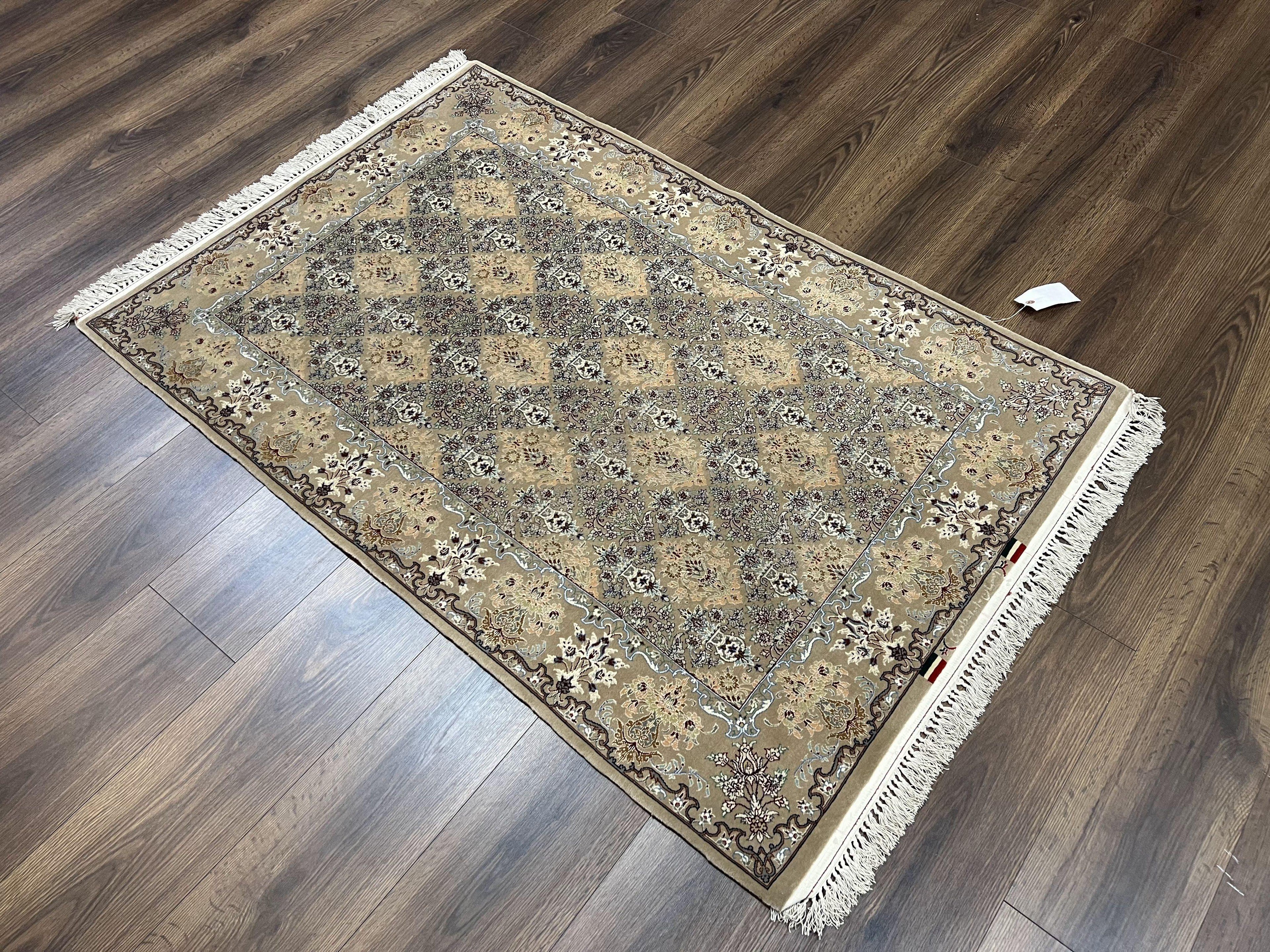 Super Fine Persian Isfahan Rug 3x5 ft, Kork Wool on Silk Foundation, Repeated Floral Motif, Taupe Tan Hand Knotted Oriental Carpet 3 x 5 ft, Signed