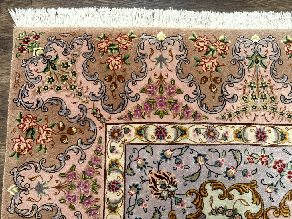Wonderful Persian Tabriz Rug 7x10, Very Fine 330 KPSI, Light Green Light Blue Pink, Kork Wool Silk Foundation, Bird Pictorials