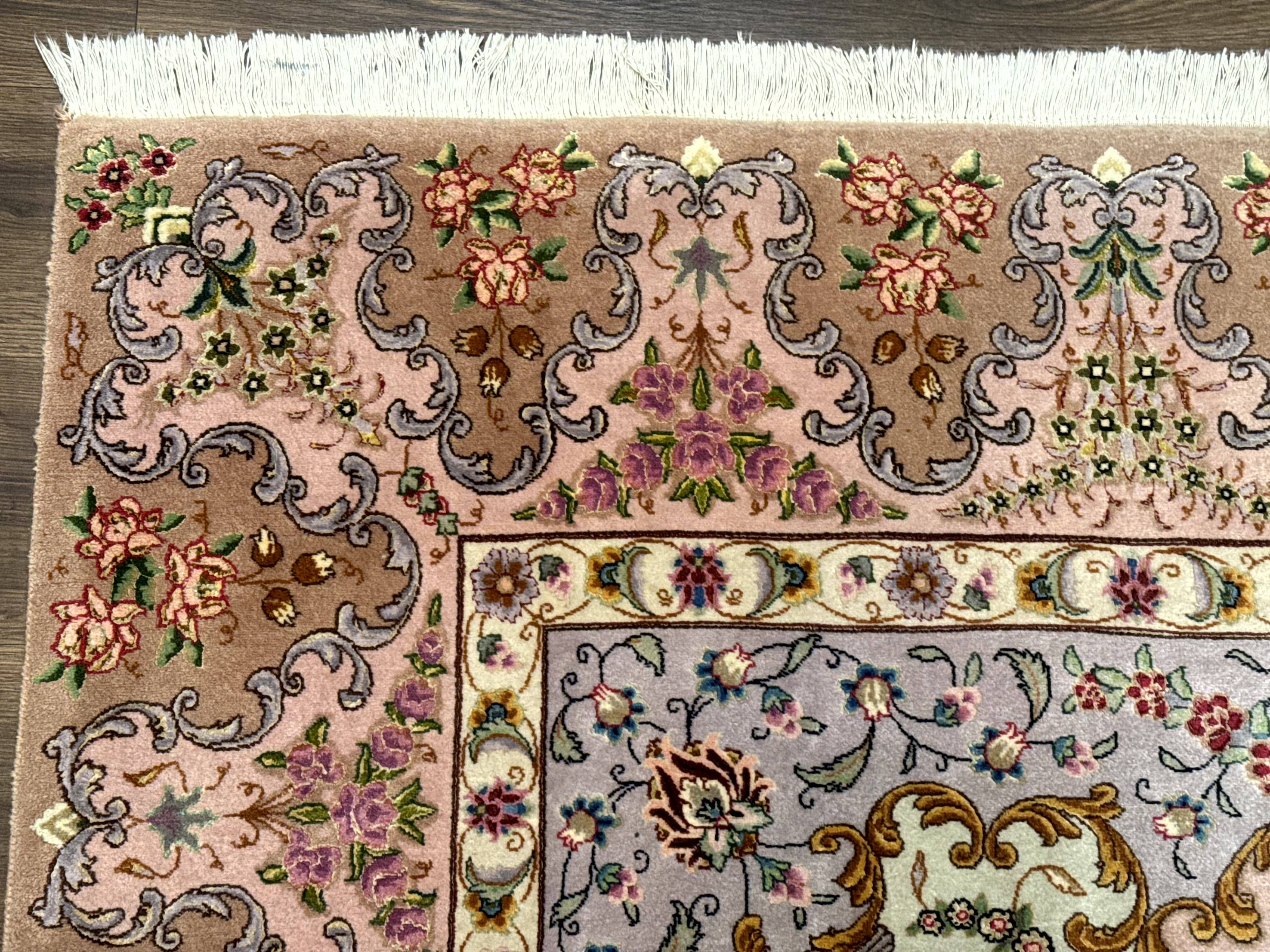 Wonderful Persian Tabriz Rug 7x10, Very Fine 330 KPSI, Light Green Light Blue Pink, Kork Wool Silk Foundation, Bird Pictorials