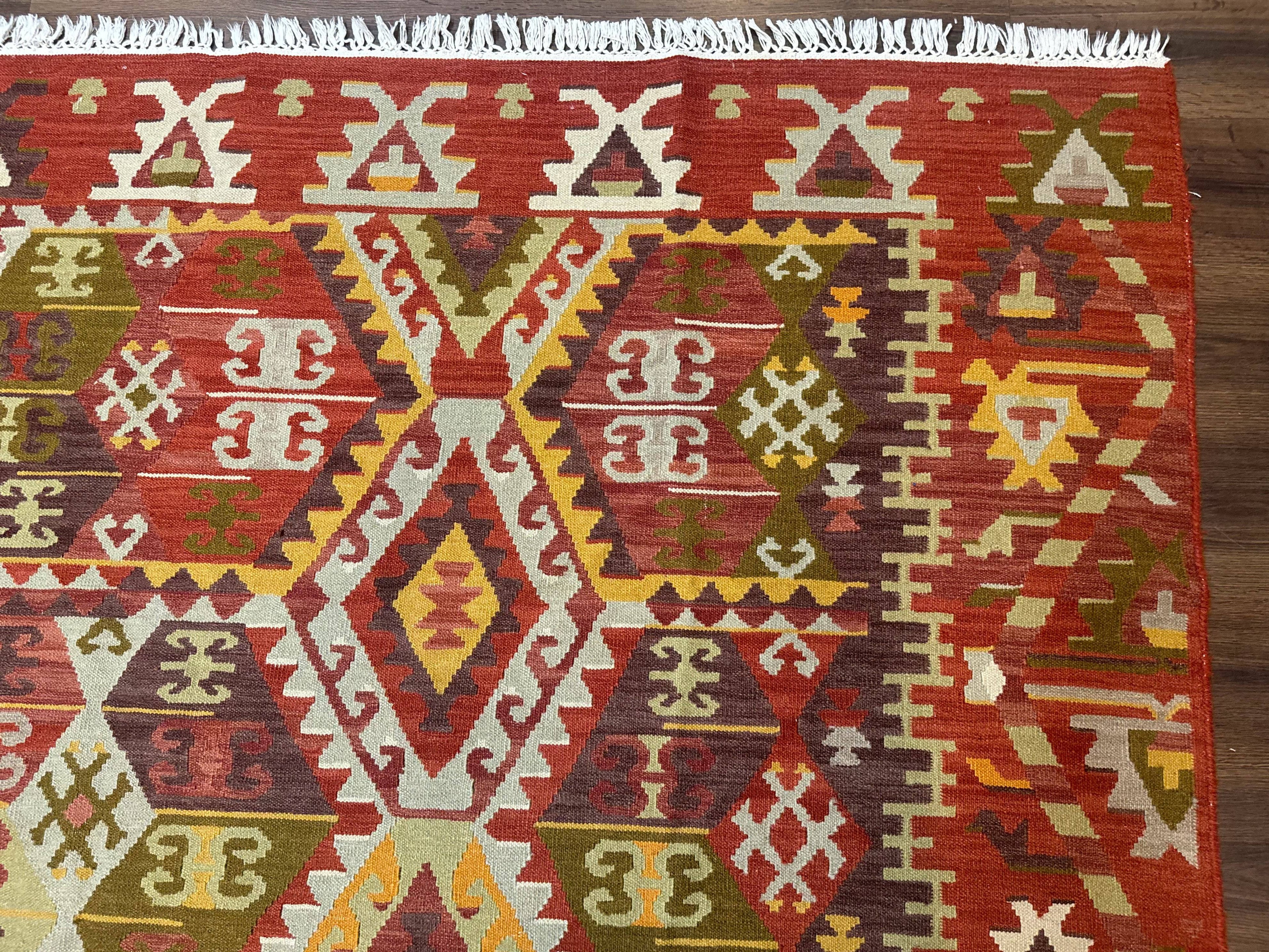 Turkish Kilim Rug 8x10, Geometric Design, Large Kilim Carpet
