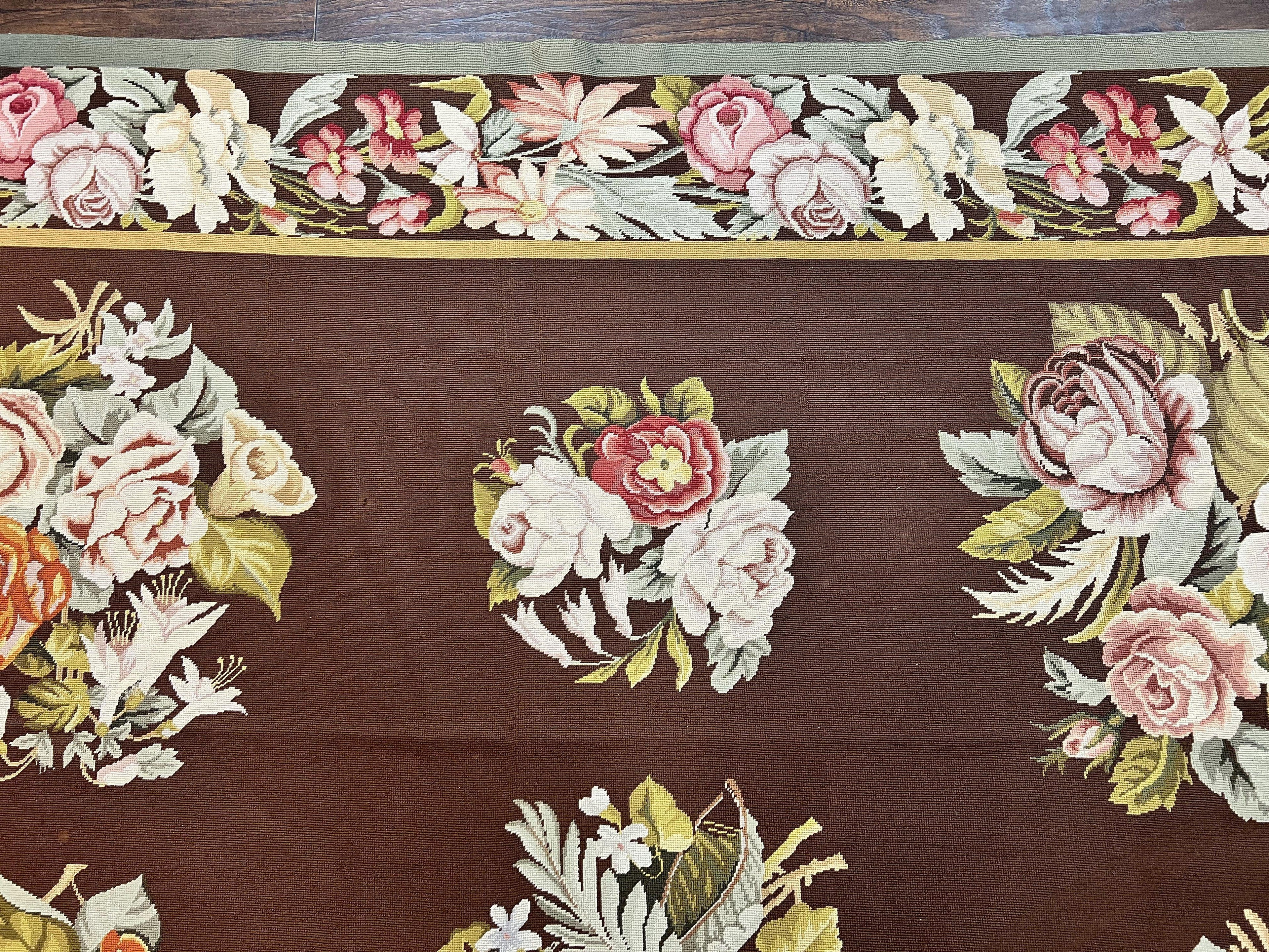 Vintage Needlepoint Rug 9x12, Large Handmade Hand-woven Needlepoint Carpet, Brown Area Rug, Floral Bouquets, Wool Rug, European Design