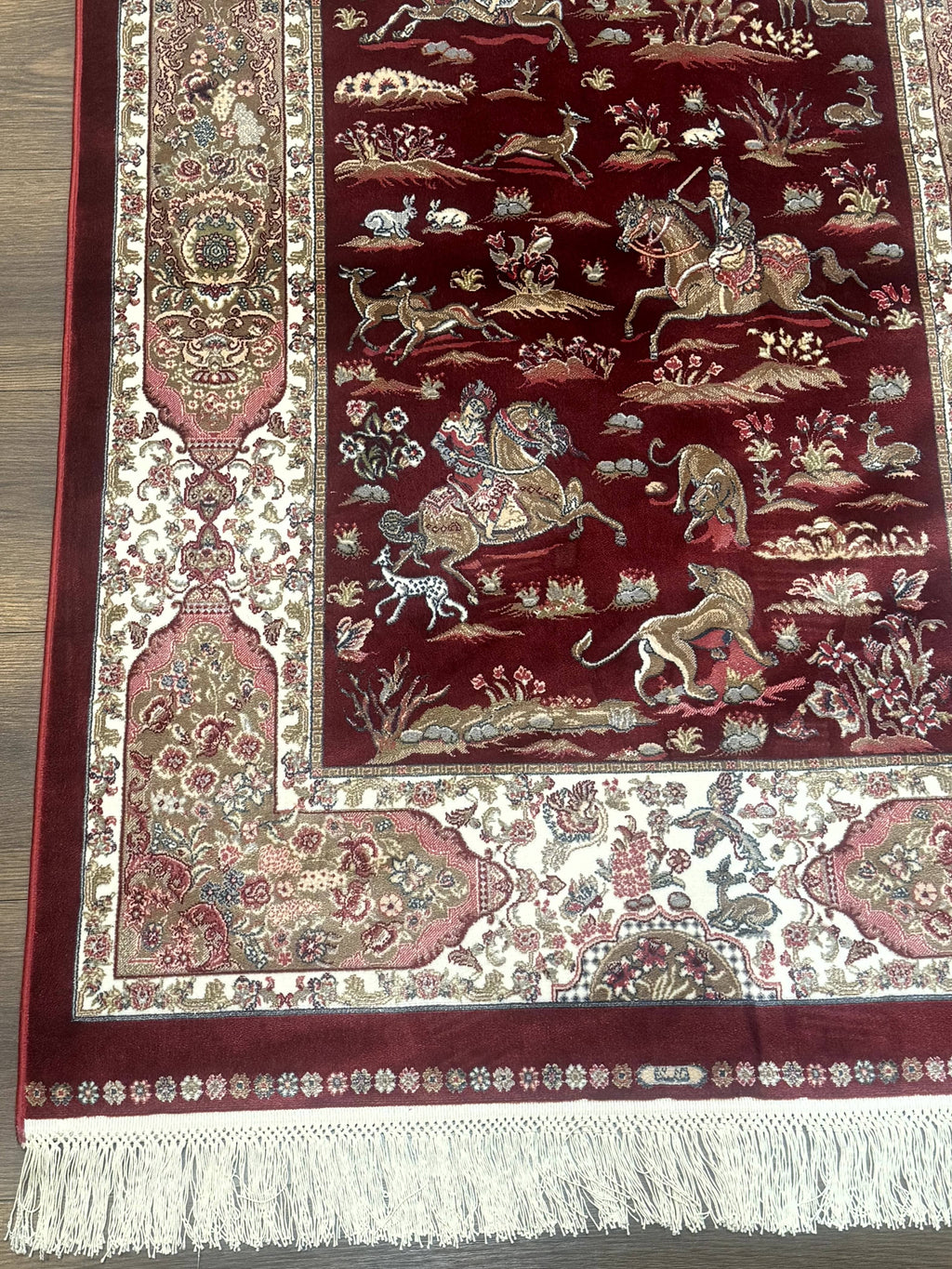 Turkish Silk Rug 3x5, Hunting Design, Dark Red & Ivory, Bamboo Silk, New