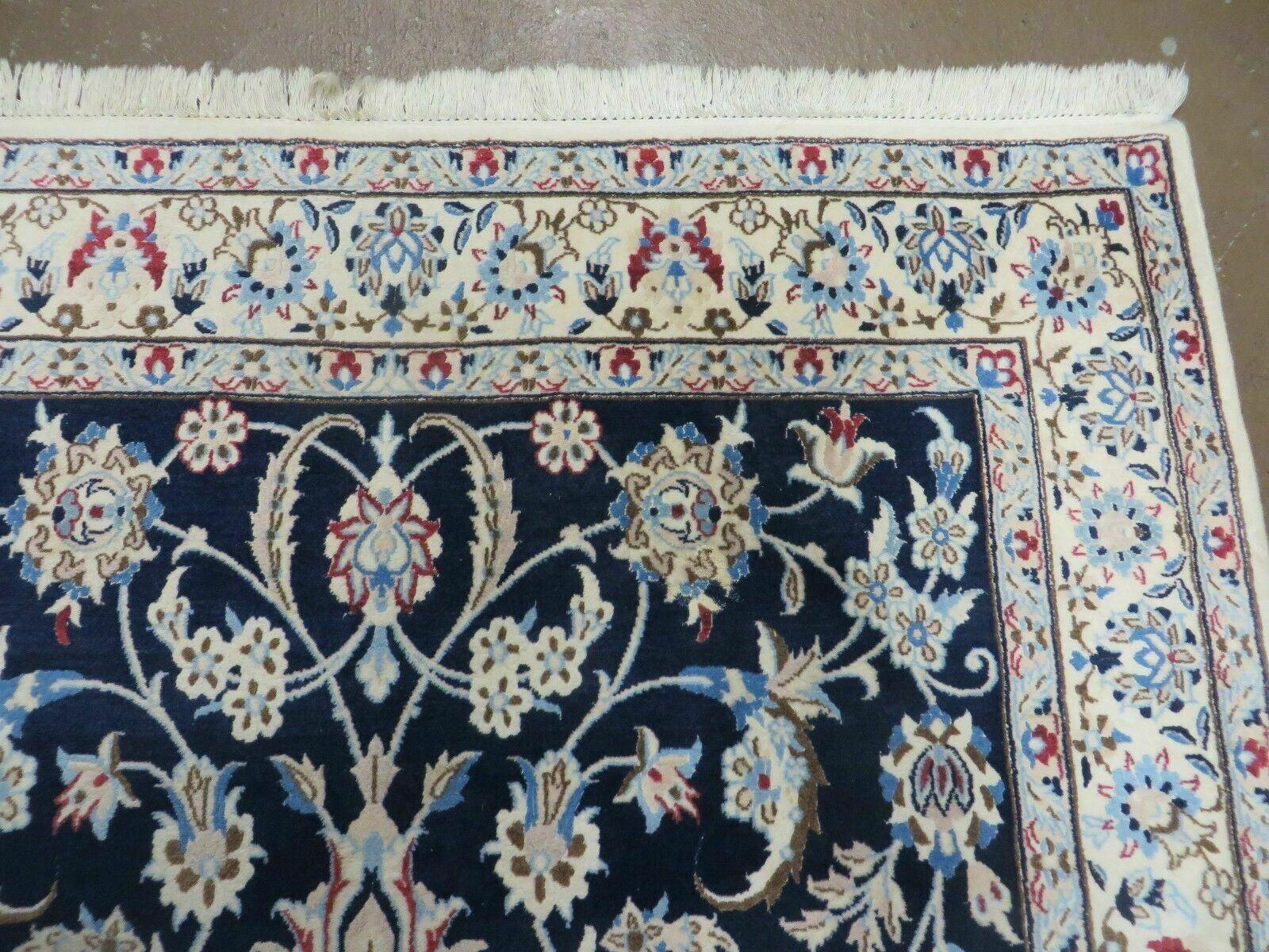 Persian Nain Rug 4x7, Navy Blue and Ivory, Handmade, Wool & Silk Highlights, Fine Oriental Rug, Vintage