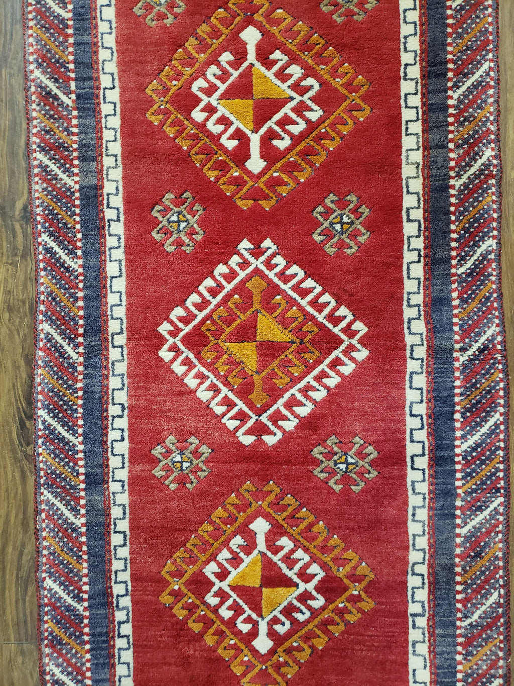 Vintage Turkish Kazak Rug 2.5 x 5 Red Wool Carpet Medallions Runner Geometric