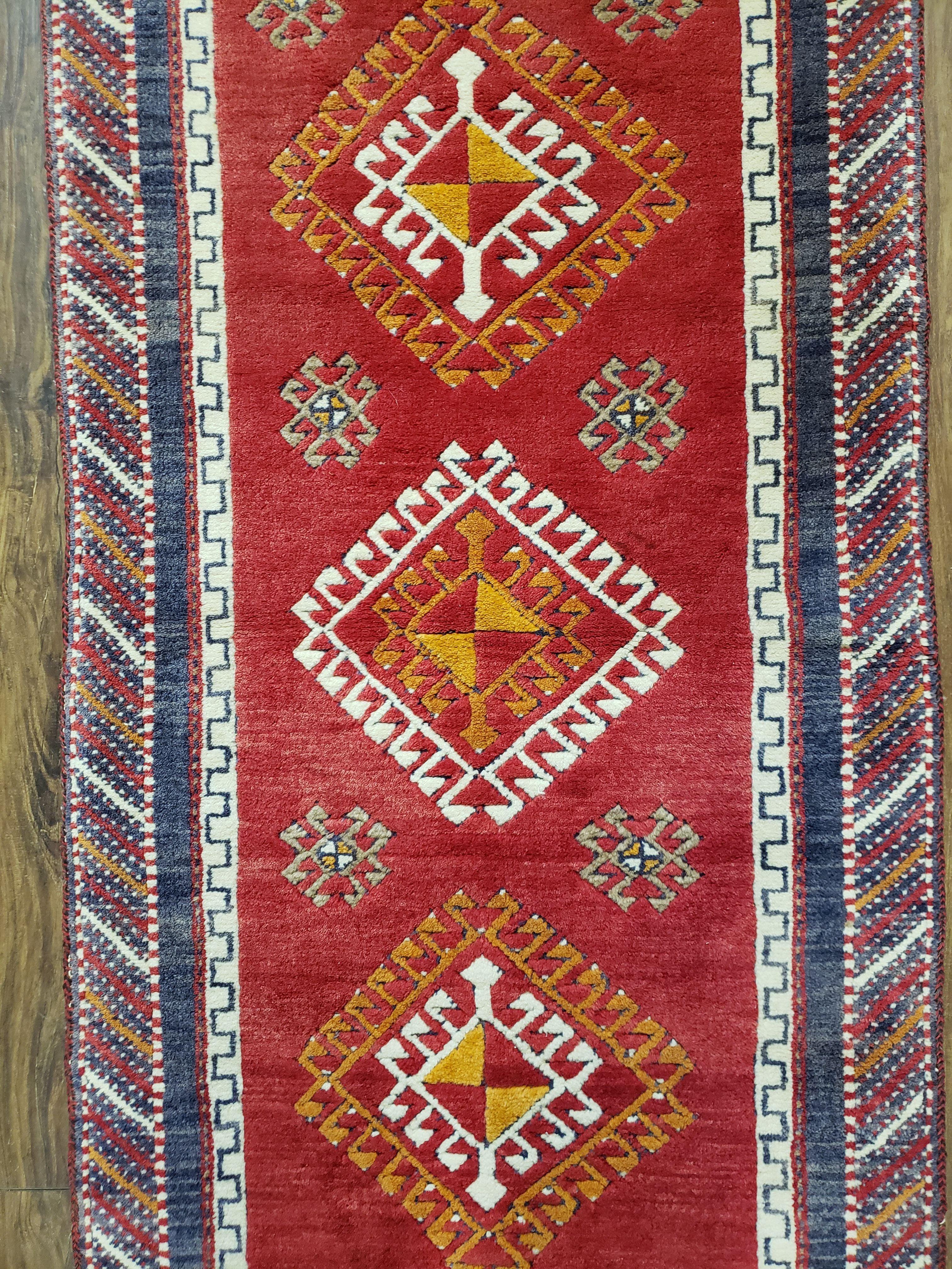 Vintage Turkish Kazak Rug 2.5 x 5 Red Wool Carpet Medallions Runner Geometric