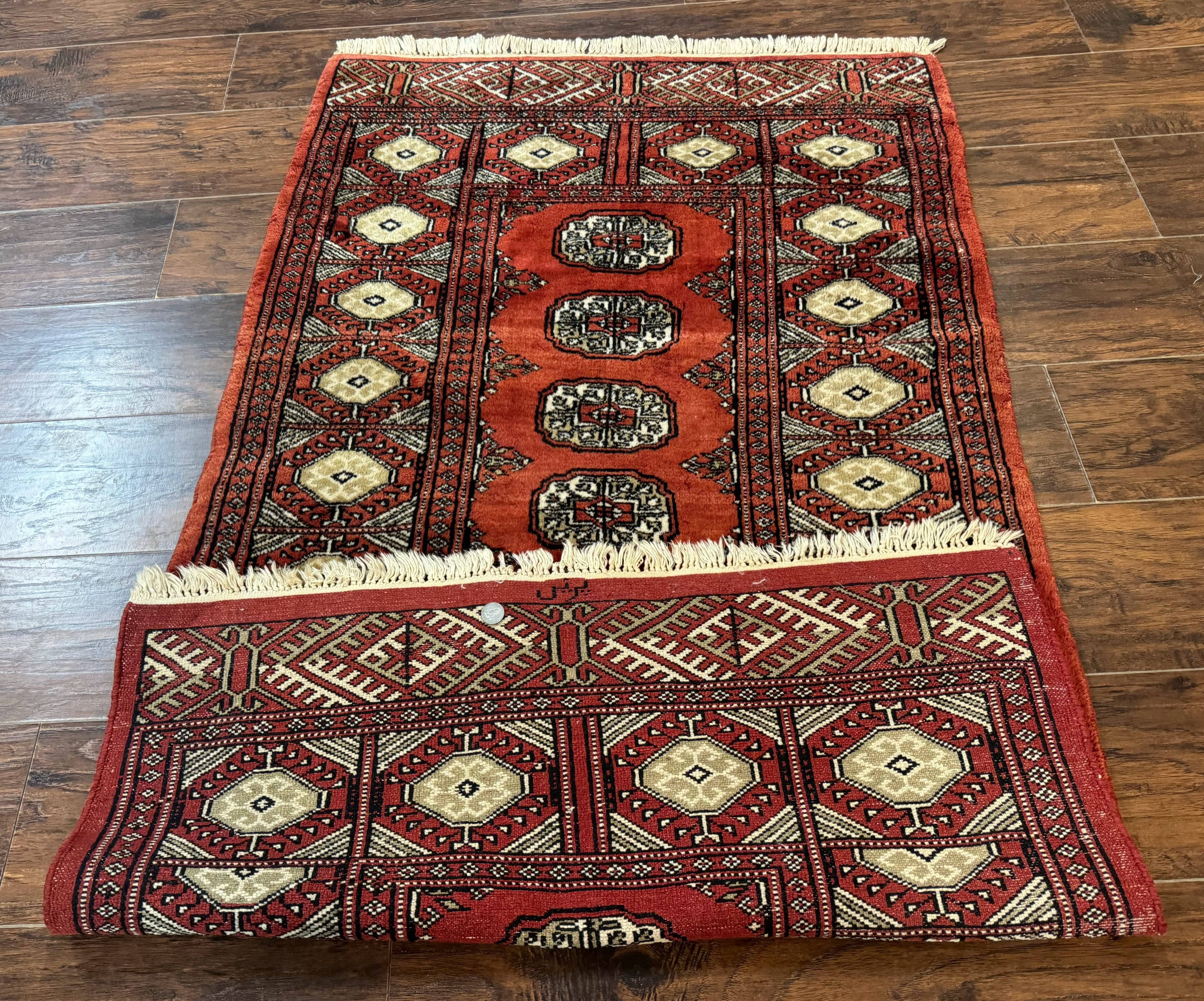 Red Pakistani Turkoman Rug 3x5, Bokhara Design, Vintage, Signed
