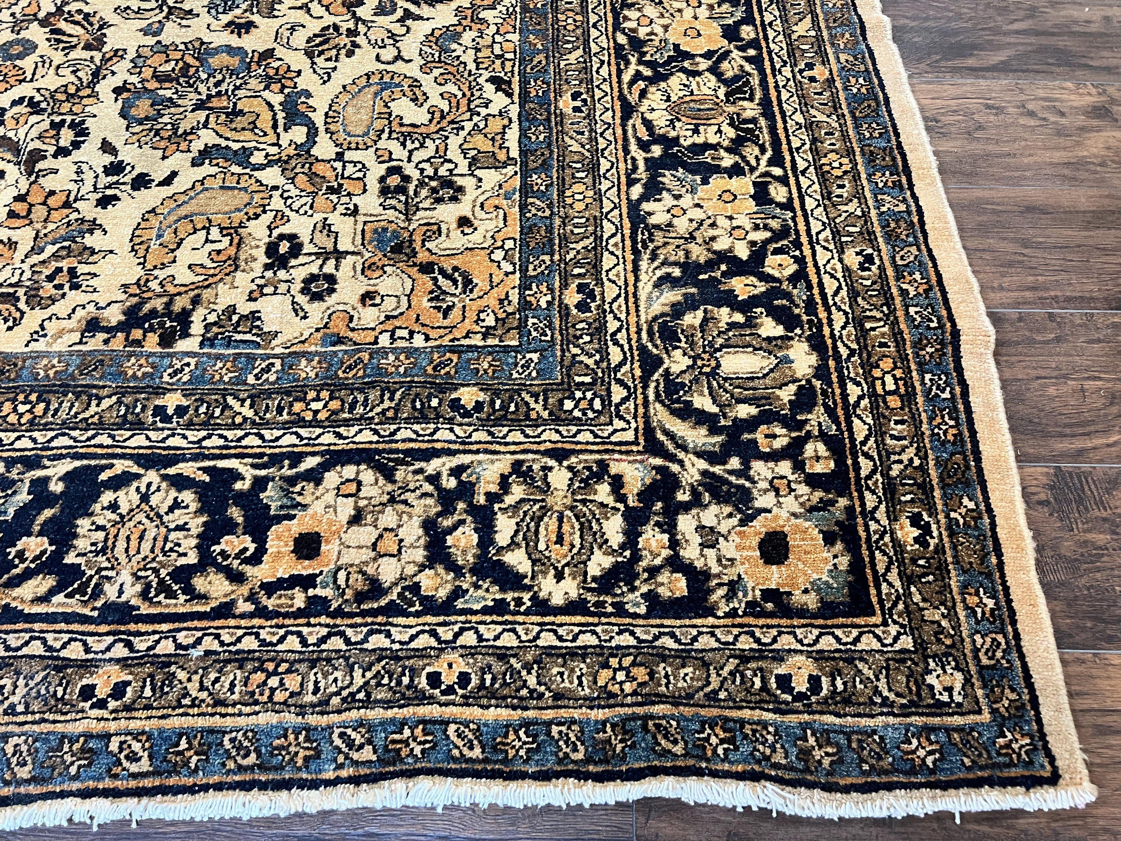 Antique Persian Rug 9x11, Wool Handmade 1920s Oriental Carpet, Persian Hamadan Anjelas Rug, Cream Black, Floral Allover Oriental Rug 9 x 11 Room Sized Rug