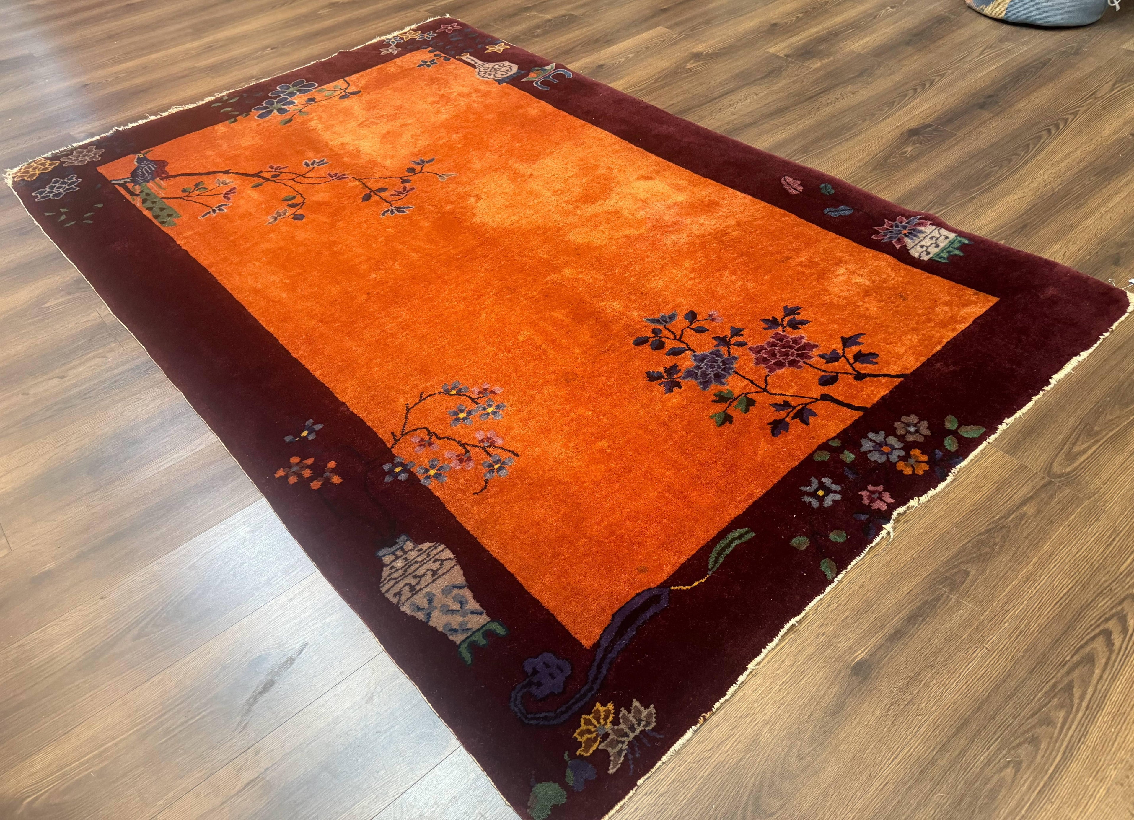 Chinese Art Deco Rug 5x8, Antique Chinese Wool Rug, Nichols Rug, Rare Chinese Carpet, Orange and Purple-Maroon