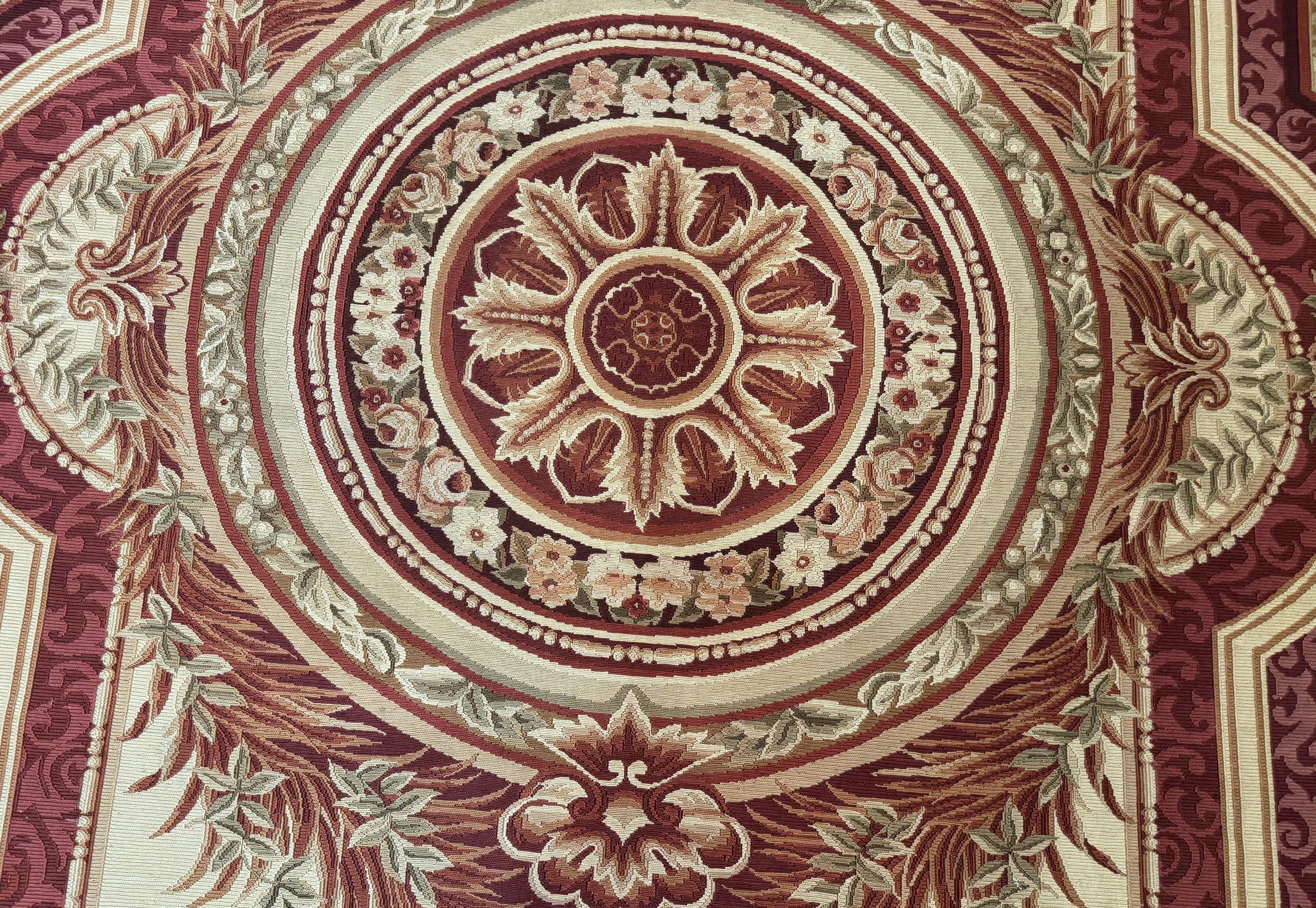 Large Aubusson Rug 10x13, Thick Flatweave Carpet, Elegant European Design, Cream and Raspberry