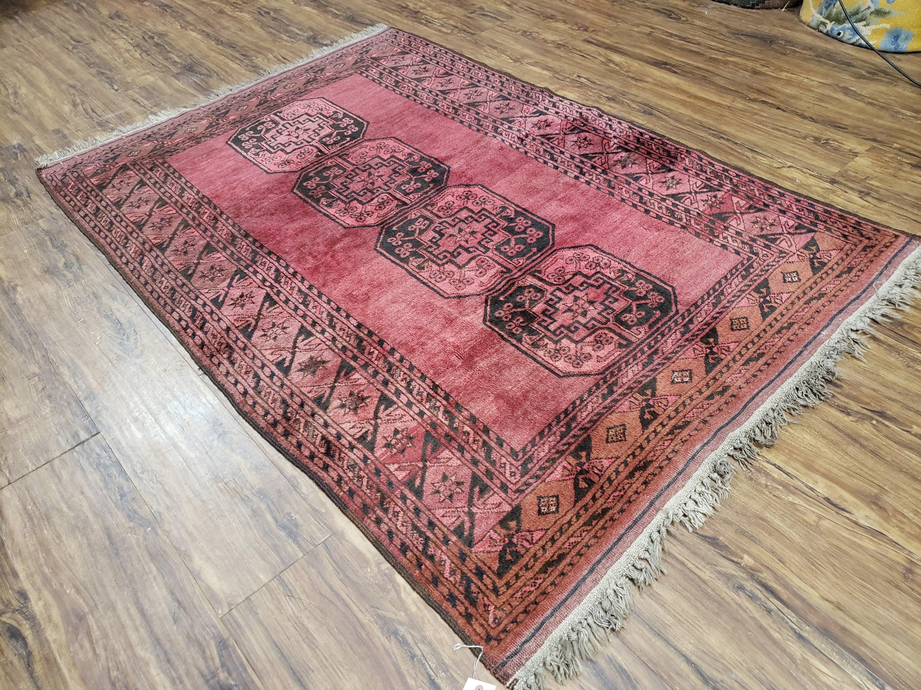 Antique Bukhara Area Rug, Vintage Afghan Bokhara Bashir Rug, 4x6 Hand-Knotted Oriental Carpet, Red & Black Wool Rug, 4' x 5'9