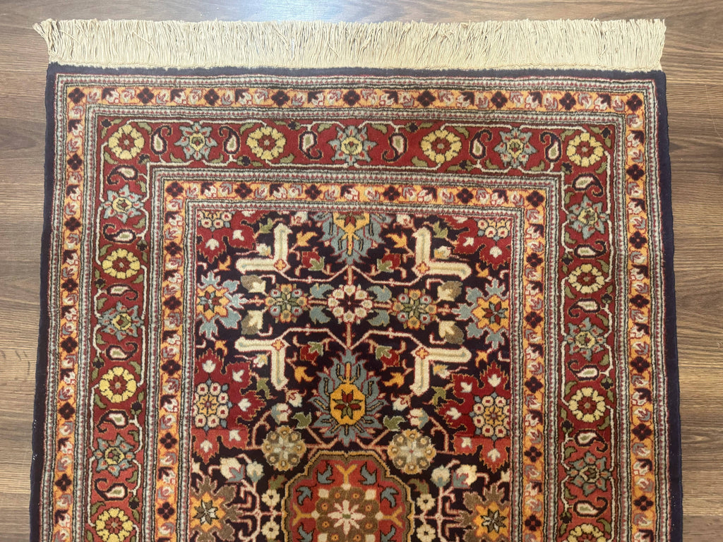 Turkish Hereke Rug 3x5, Navy Blue and Red, Fine 210 KPSI
