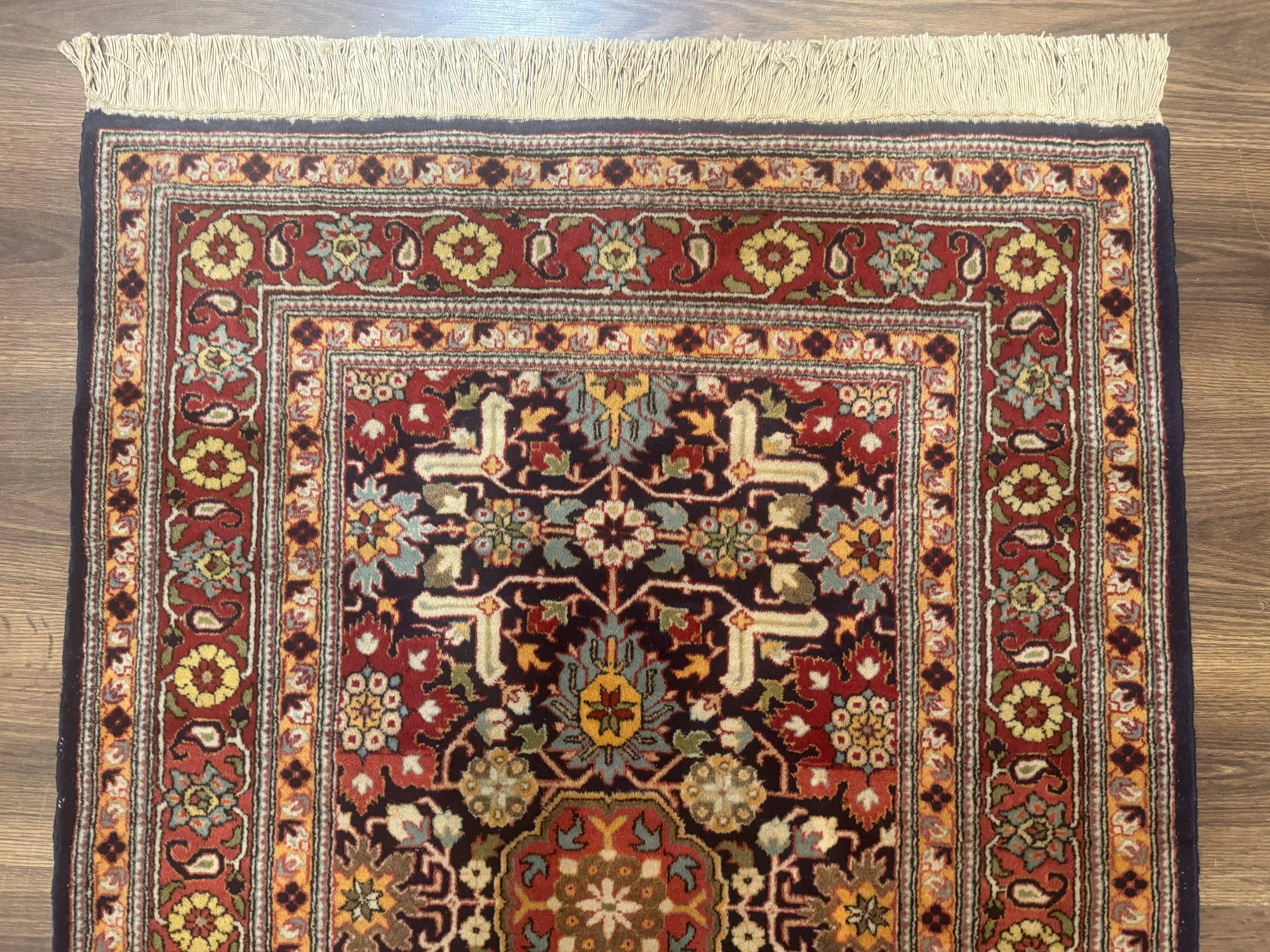 Turkish Hereke Rug 3x5, Navy Blue and Red, Fine 210 KPSI