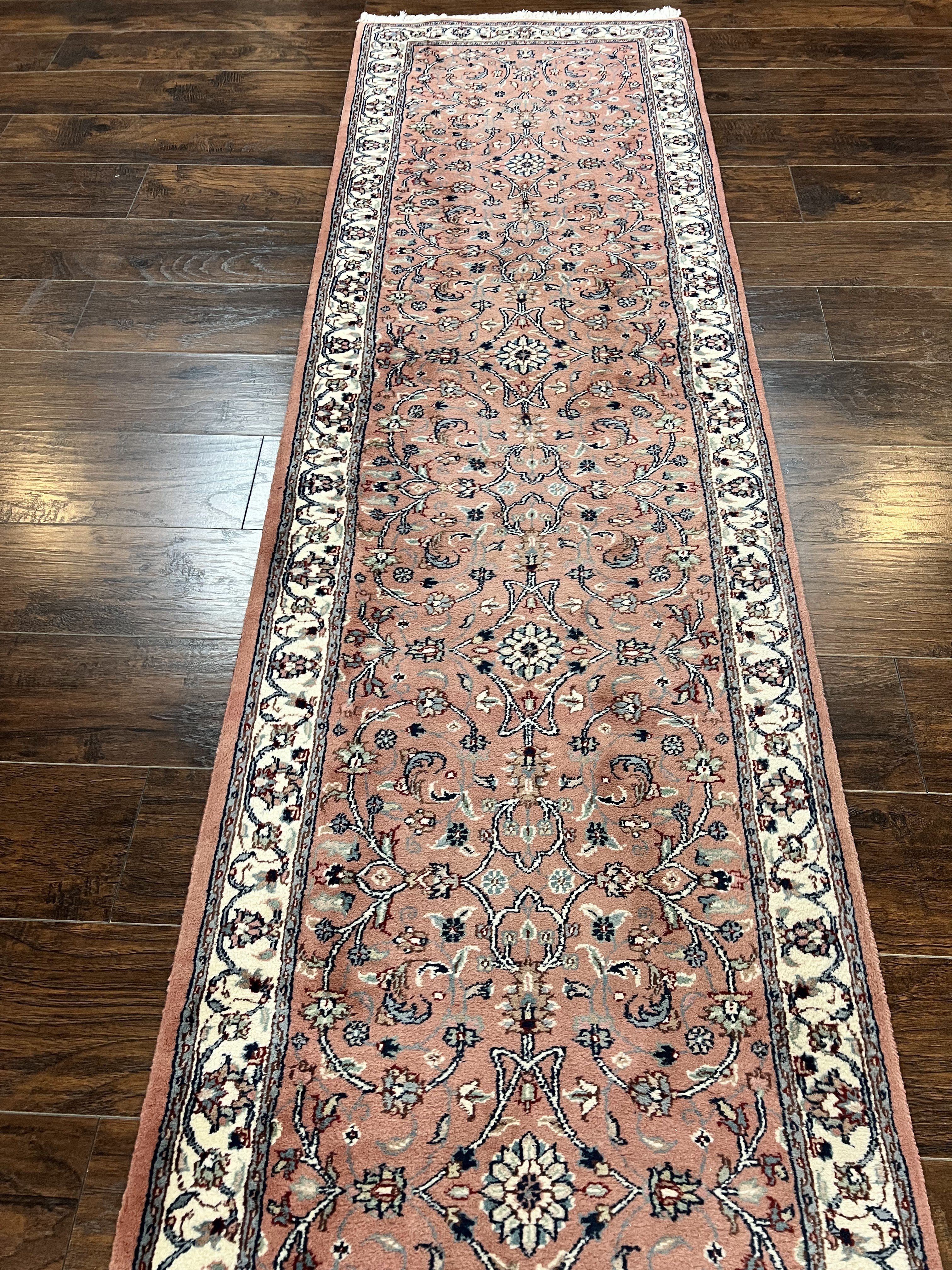 Indo Persian Runner Rug 2.6 x 10, Wool Hand Knotted Vintage Oriental Carpet, Pink & Ivory, Floral Allover, Hallway Rug